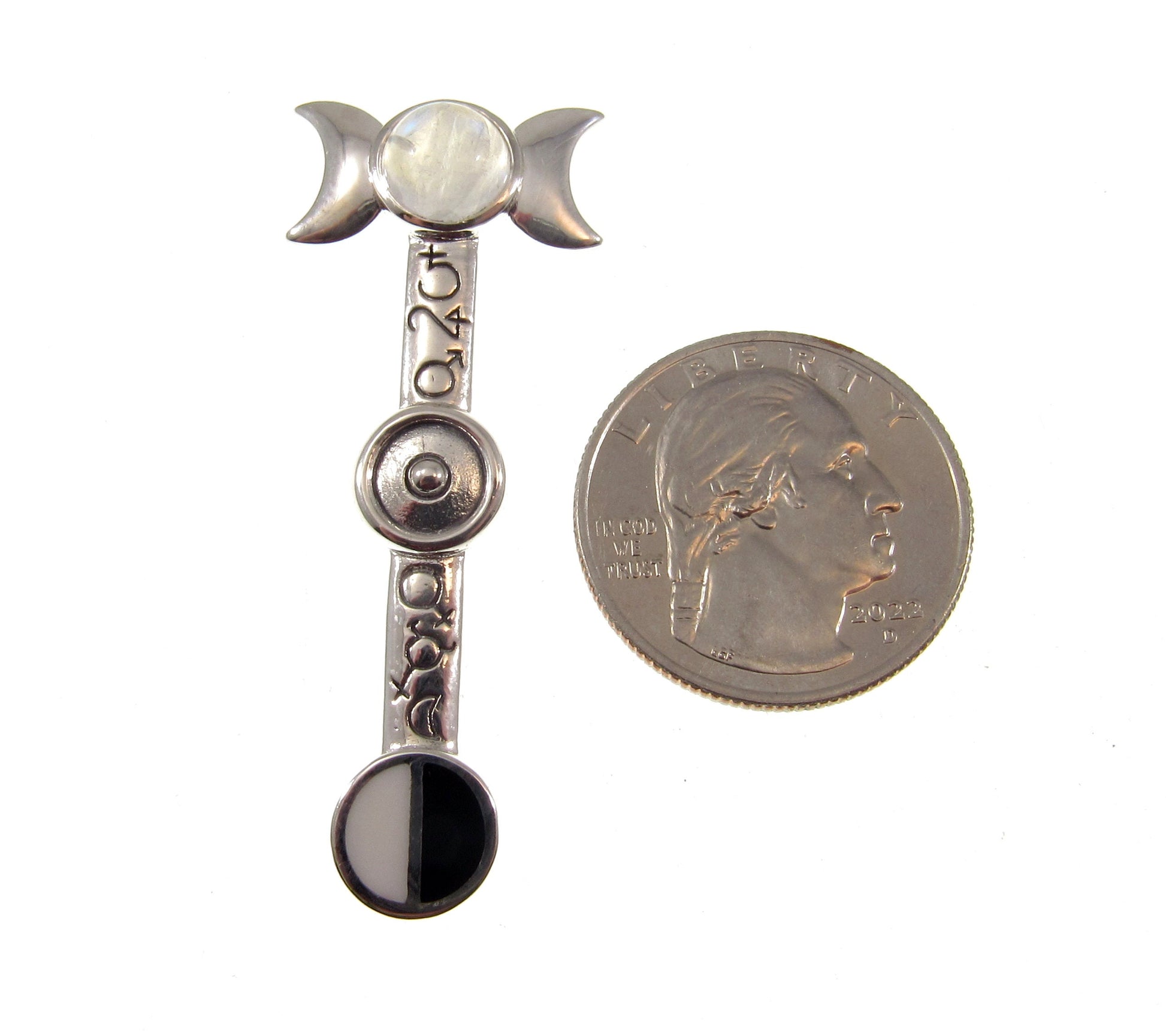 Solid 925 Sterling Silver Astrologer's Staff Triple Moon Pendant, Phases of Empowerment Magical Wiccan Pagan Amulet with Moonstone