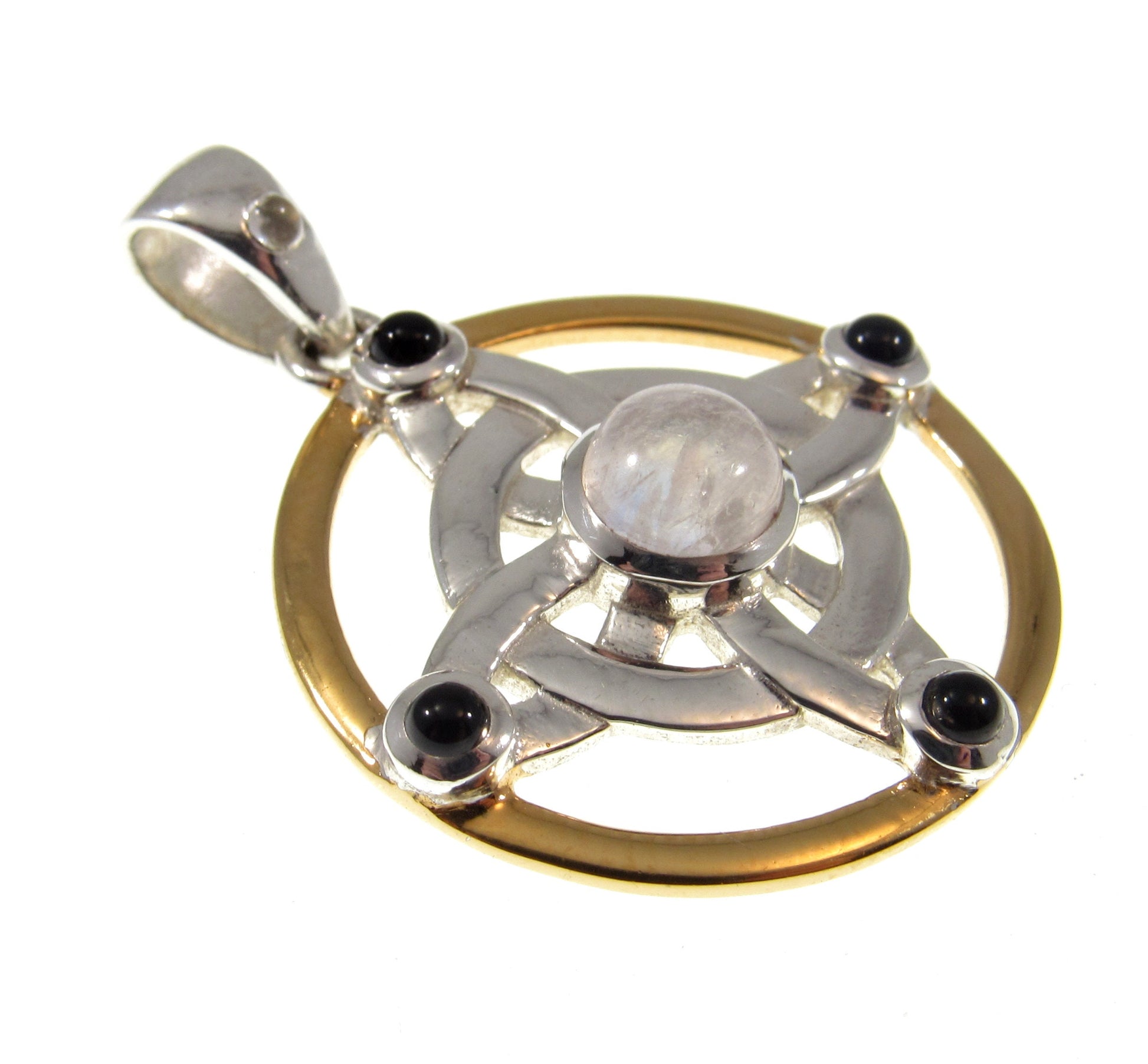 Solid 925 Sterling Silver & 18k Gold Witch's Protection Knot Pendant, Celtic Quaternary Knot, with Moonstone, Onyx, and Quartz