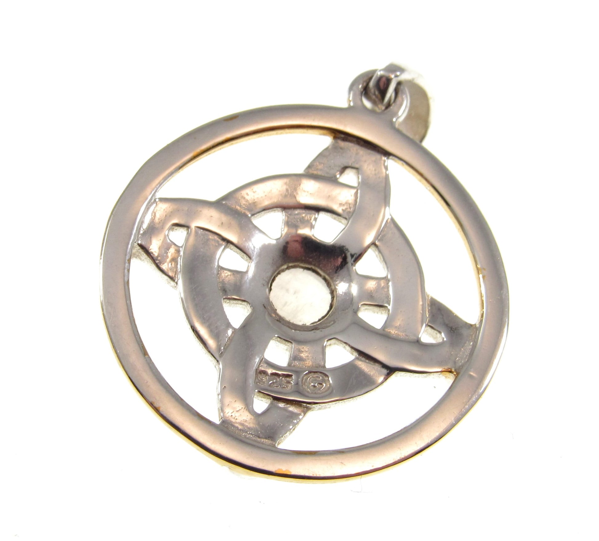 Solid 925 Sterling Silver & 18k Gold Witch's Protection Knot Pendant, Celtic Quaternary Knot, with Moonstone, Onyx, and Quartz