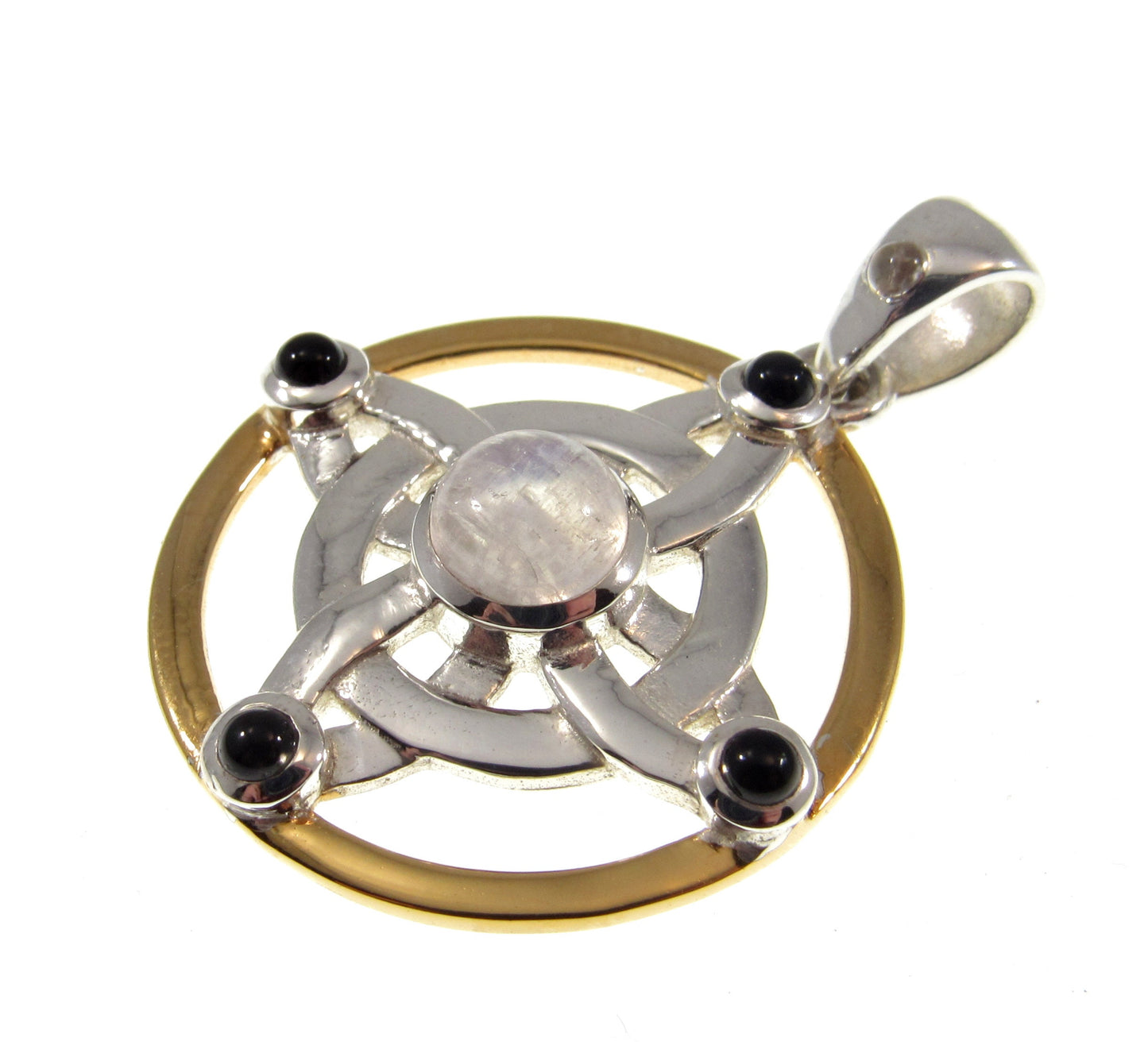 Solid 925 Sterling Silver & 18k Gold Witch's Protection Knot Pendant, Celtic Quaternary Knot, with Moonstone, Onyx, and Quartz