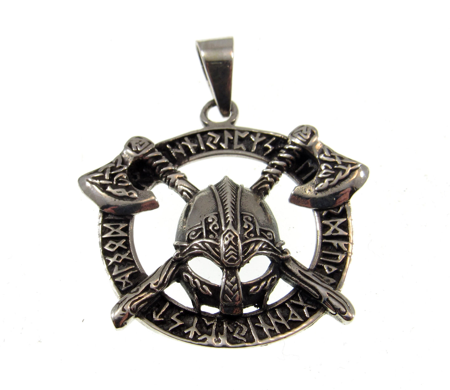 Solid 925 Sterling Silver Viking Warrior Pendant – Norse Helmet and Axe Amulet with Runes – Handcrafted Mythology Jewelry Gift for Men