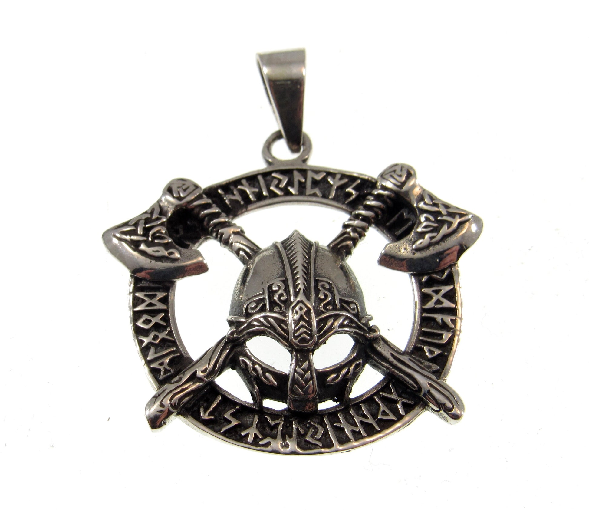 Solid 925 Sterling Silver Viking Warrior Pendant – Norse Helmet and Axe Amulet with Runes – Handcrafted Mythology Jewelry Gift for Men