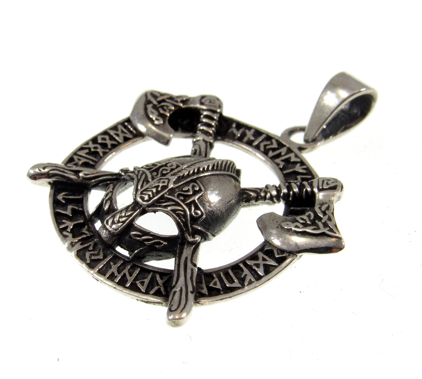 Solid 925 Sterling Silver Viking Warrior Pendant – Norse Helmet and Axe Amulet with Runes – Handcrafted Mythology Jewelry Gift for Men