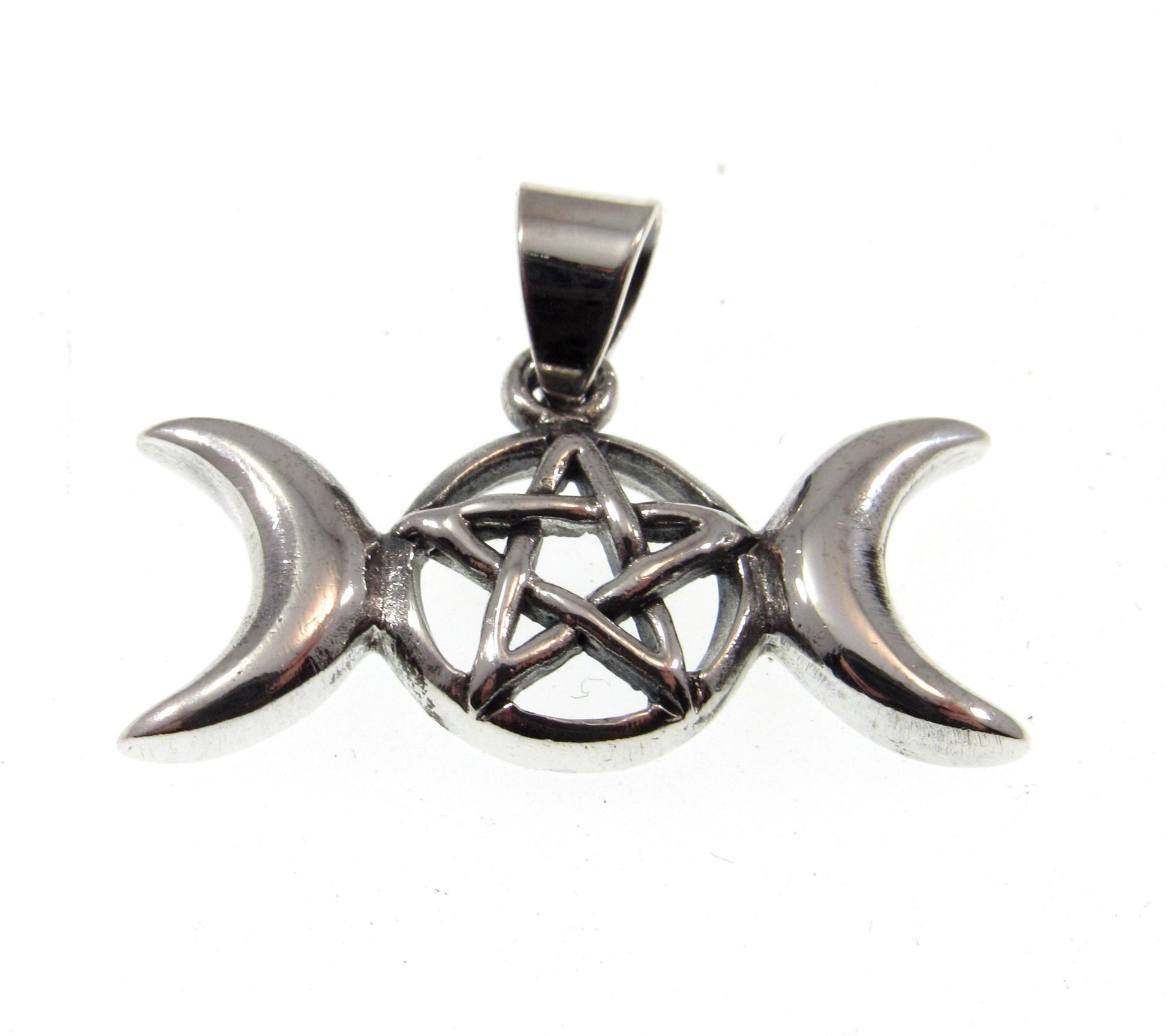 Solid 925 Sterling Silver Triple Moon Pentacle Pendant, Powerful Wiccan Crescent Moon Pentagram Amulet