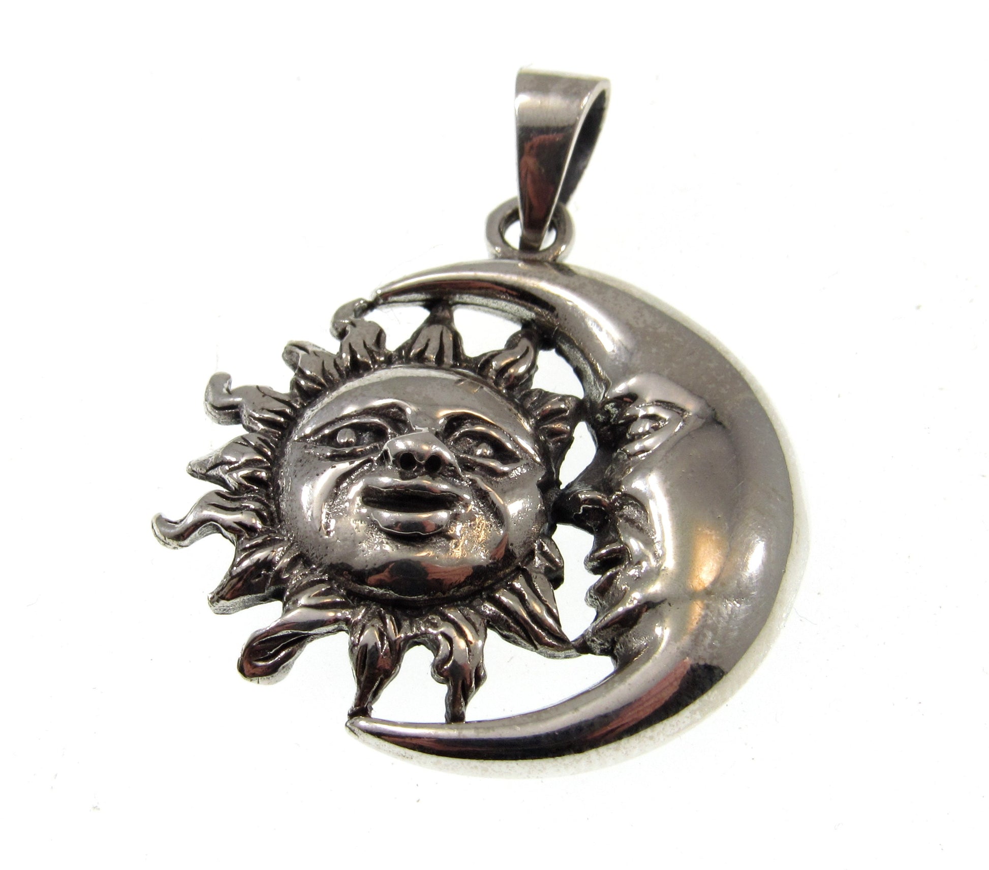 Solid 925 Sterling Silver Sun and Crescent Moon Faces Pendant, Cosmic Solar & Lunar Amulet