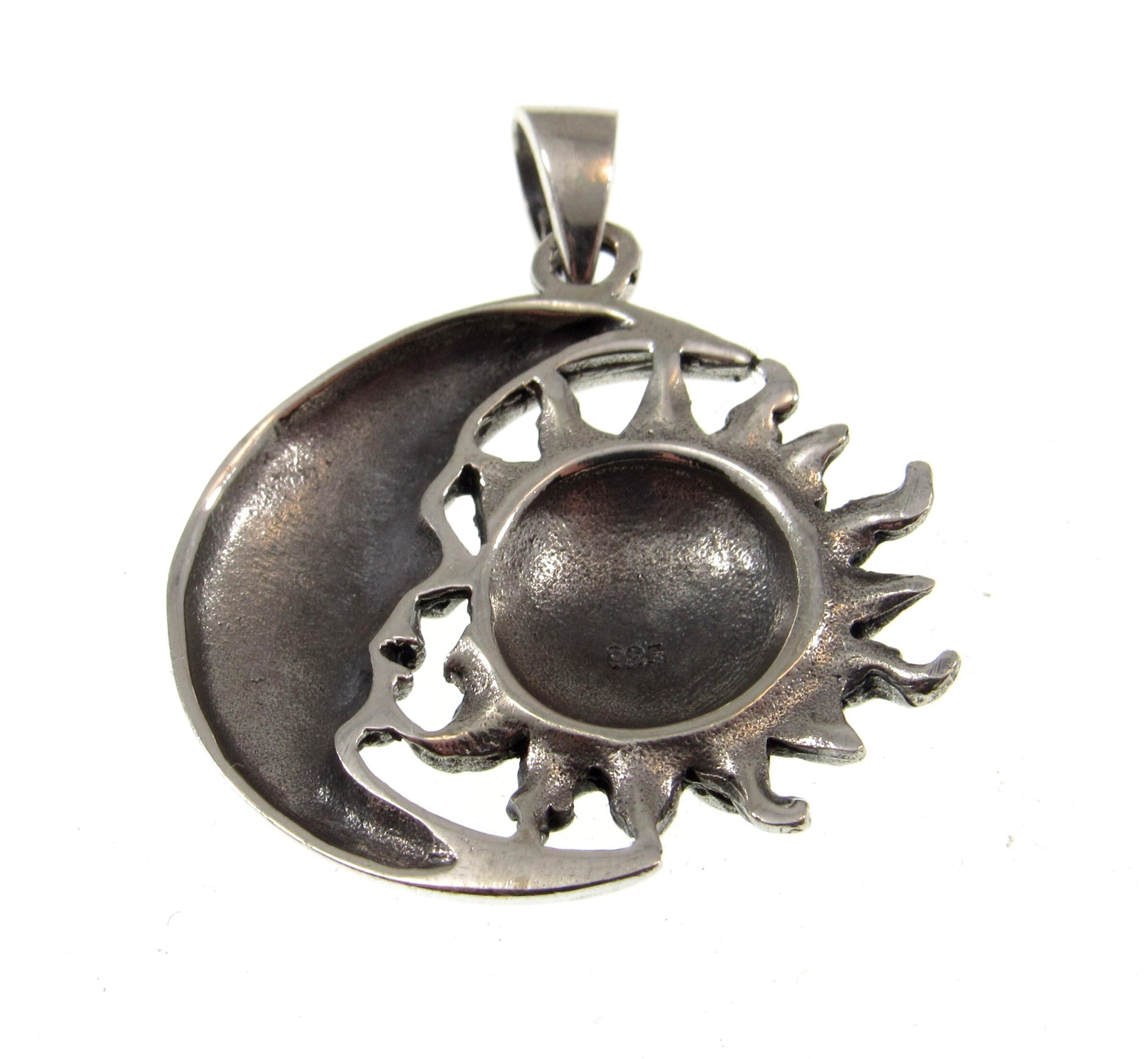 Solid 925 Sterling Silver Sun and Crescent Moon Faces Pendant, Cosmic Stellar Amulet
