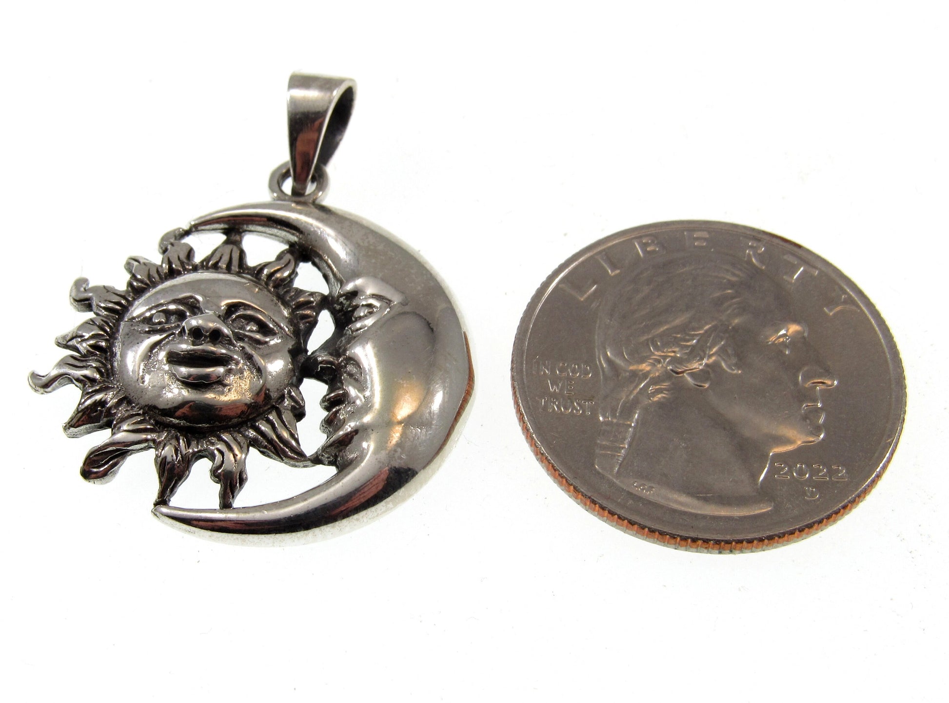 Solid 925 Sterling Silver Sun and Crescent Moon Faces Pendant, Cosmic Stellar Amulet