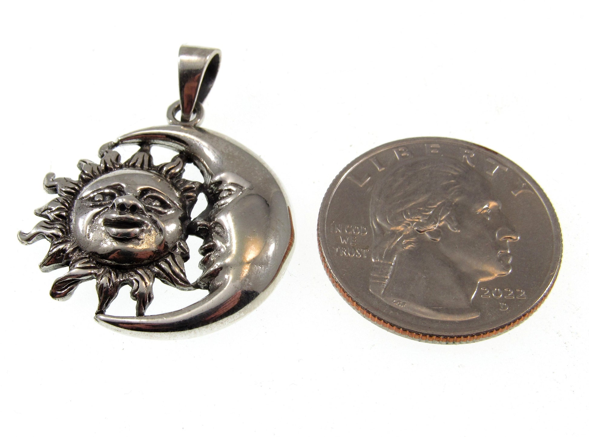 Solid 925 Sterling Silver Sun and Crescent Moon Faces Pendant, Cosmic Solar & Lunar Amulet