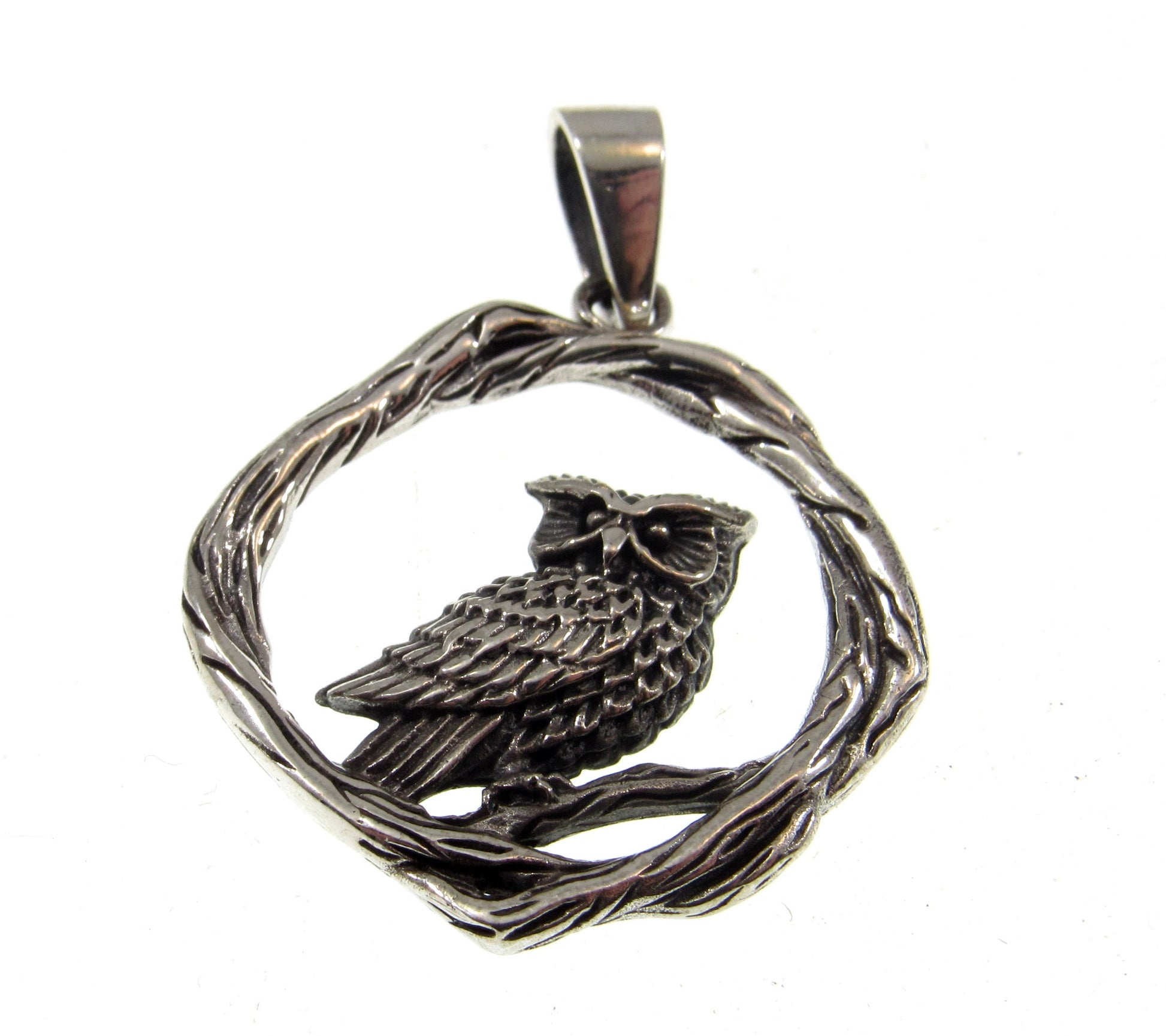 Solid 925 Sterling Silver Owl Pendant - Nature Jewelry, Woodland Charm, Gift for Owl Lovers, Bird Pendant, Owl Perched on Twisted Branches