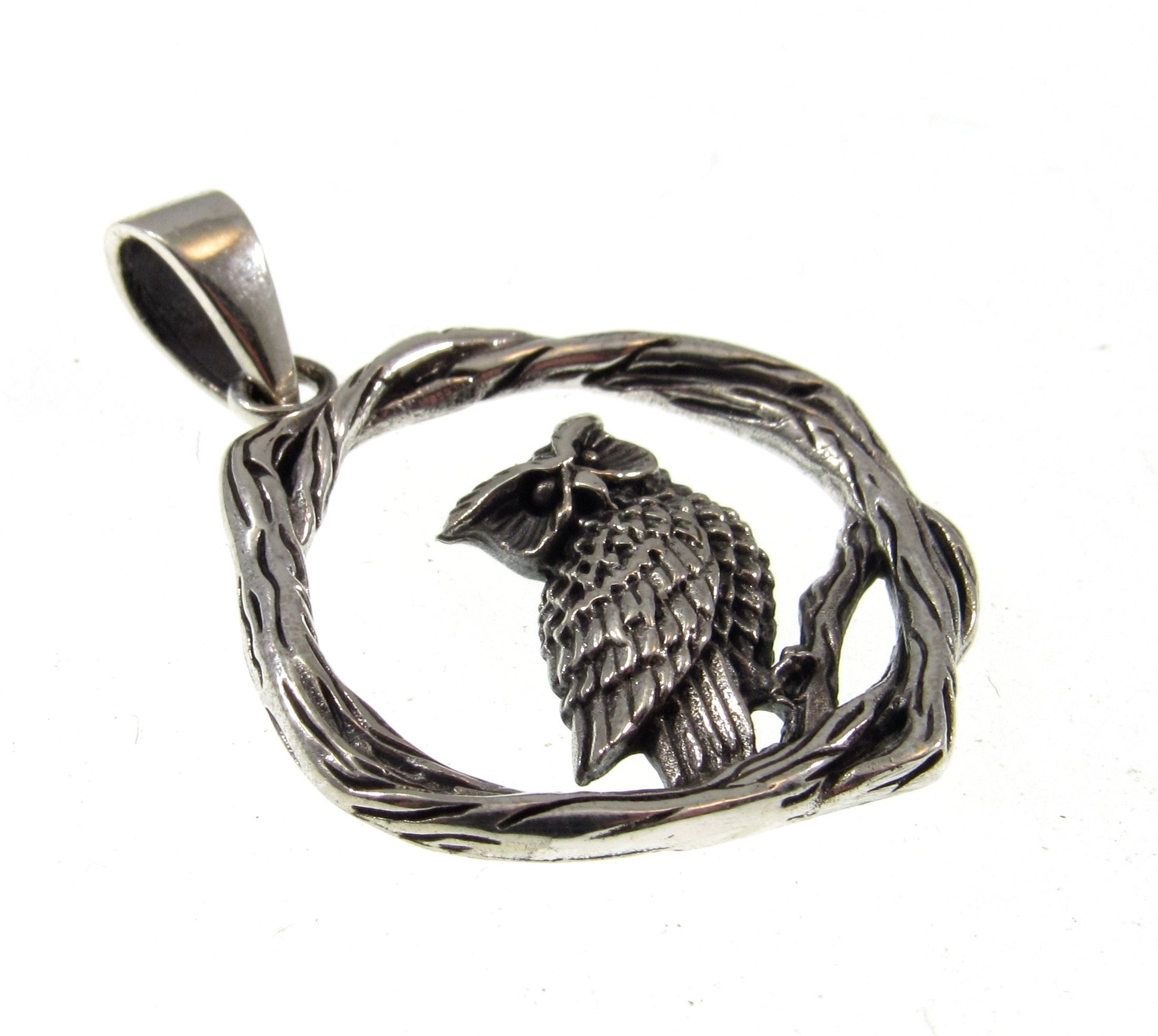 Solid 925 Sterling Silver Owl Pendant - Nature Jewelry, Woodland Charm, Gift for Owl Lovers, Bird Pendant, Owl Perched on Twisted Branches