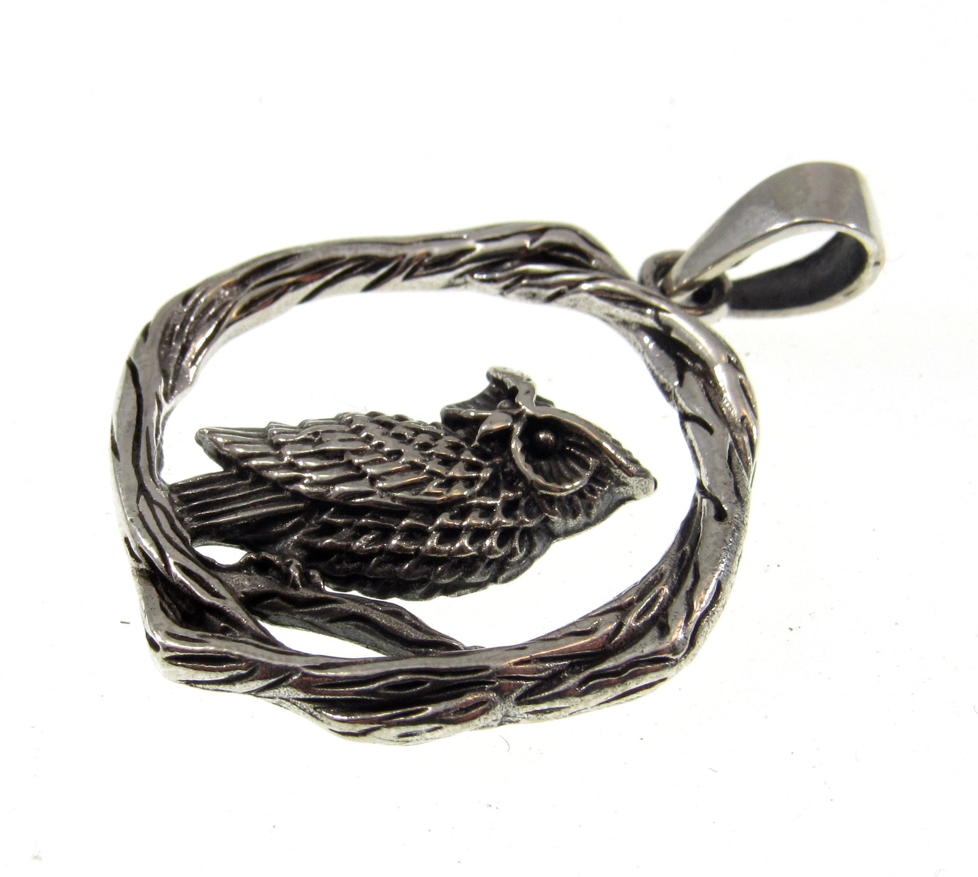 Solid 925 Sterling Silver Owl Pendant - Nature Jewelry, Woodland Charm, Gift for Owl Lovers, Bird Pendant, Owl Perched on Twisted Branches