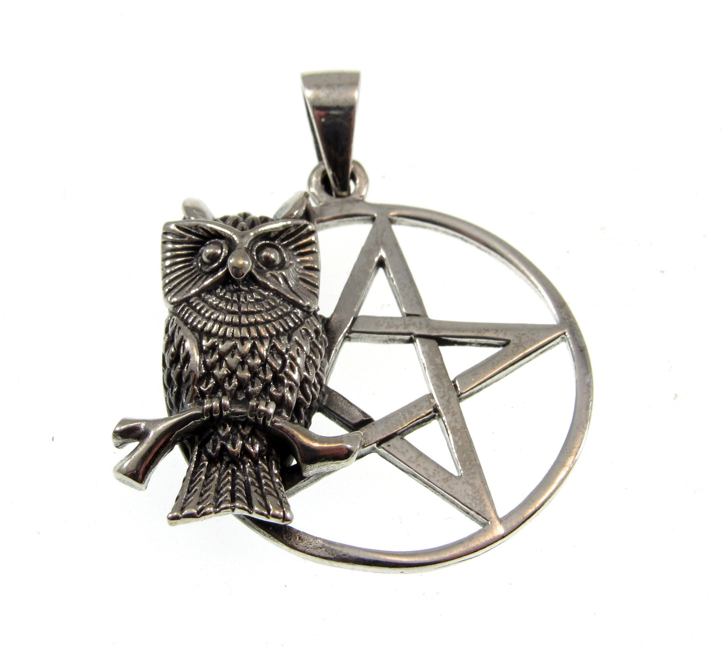 Solid 925 Sterling Silver Owl on Pentacle Pagan Pentagram Pendant, Handcrafted Wiccan Magick Amulet