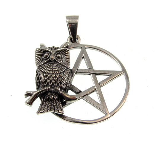 Solid 925 Sterling Silver Owl on Pentacle Pagan Pentagram Pendant, Handcrafted Wiccan Magick Amulet
