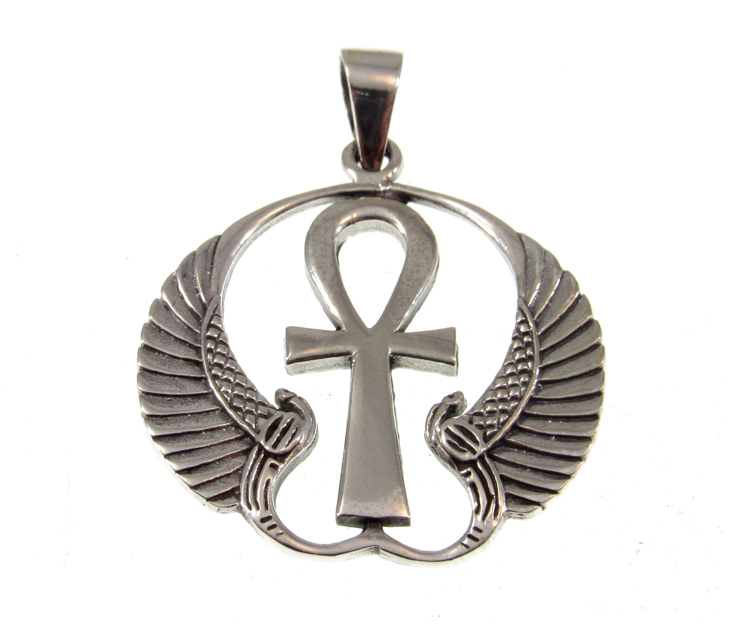 Solid 925 Sterling Silver Ankh Pendant with Isis Wings – Egyptian Necklace Amulet, Symbol of Eternal Life, Divine Power & Goddess Protection