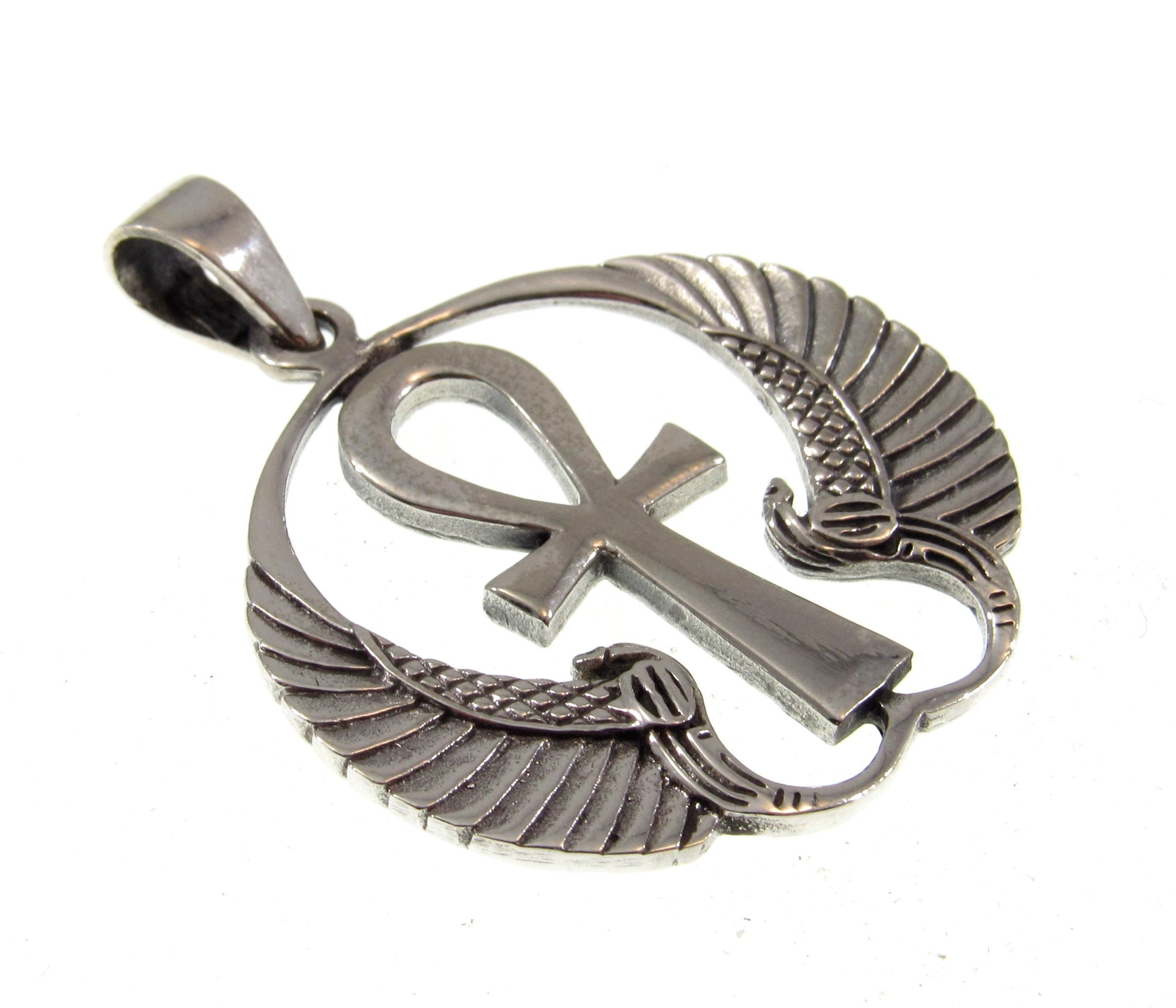 Solid 925 Sterling Silver Ankh Pendant with Isis Wings – Egyptian Necklace Amulet, Symbol of Eternal Life, Divine Power & Goddess Protection