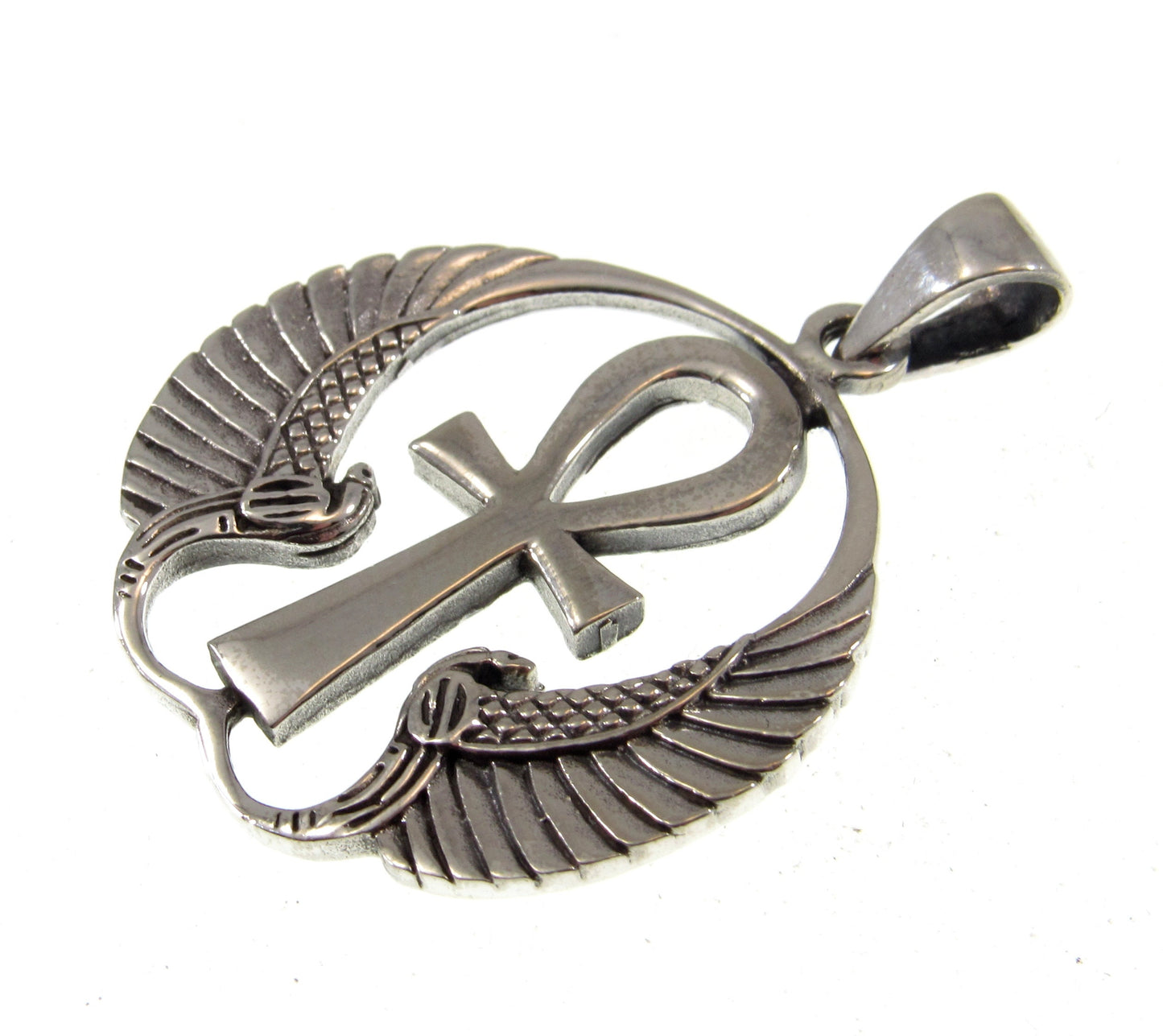 Solid 925 Sterling Silver Ankh Pendant with Isis Wings – Egyptian Necklace Amulet, Symbol of Eternal Life, Divine Power & Goddess Protection