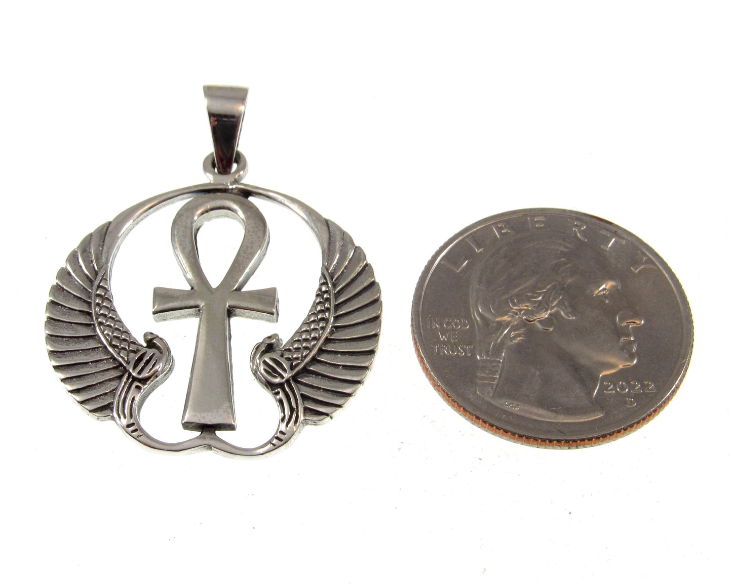 Solid 925 Sterling Silver Ankh Pendant with Isis Wings – Egyptian Necklace Amulet, Symbol of Eternal Life, Divine Power & Goddess Protection