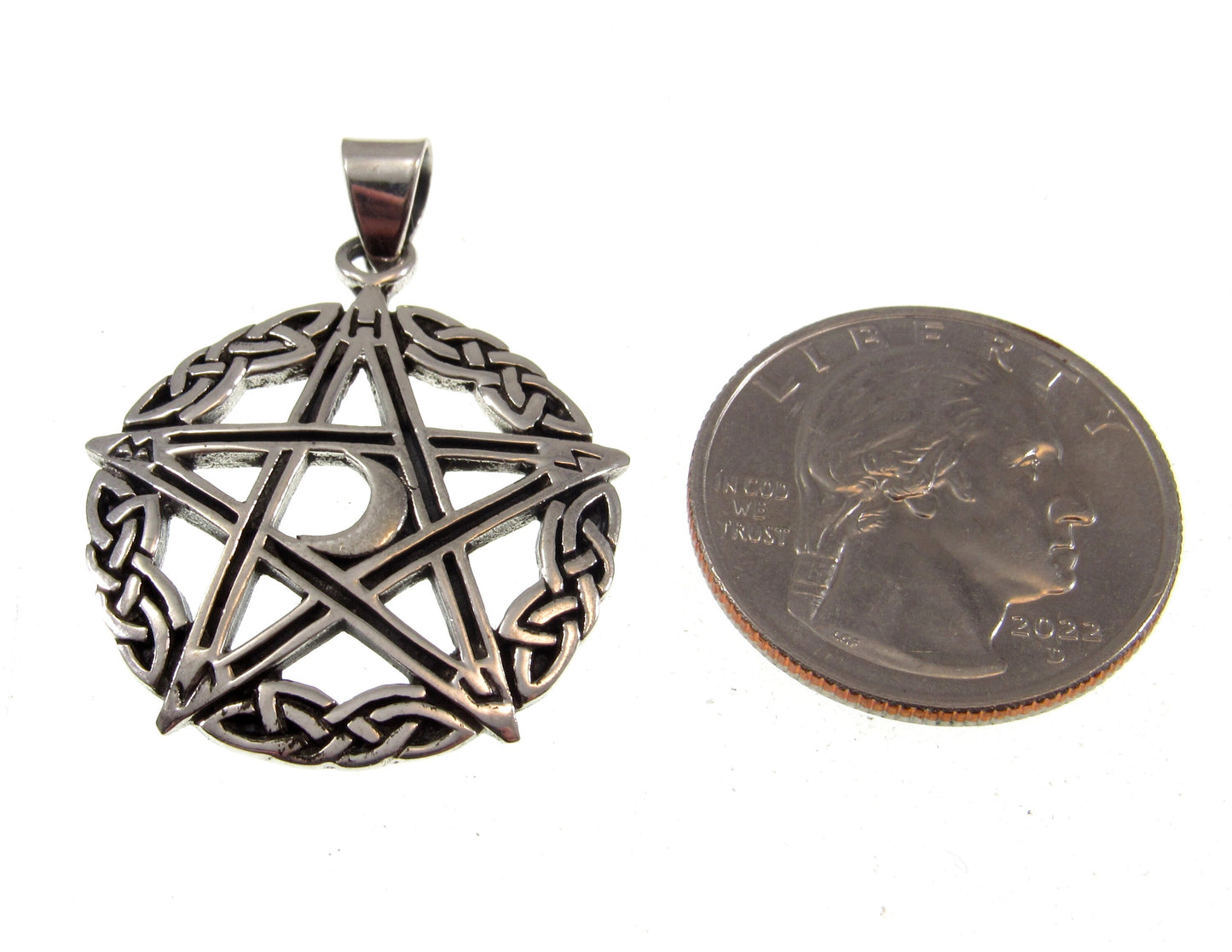 Solid 925 Sterling Silver Celtic Triple Moon Goddess Pentacle, Handcrafted Pentagram Pendant