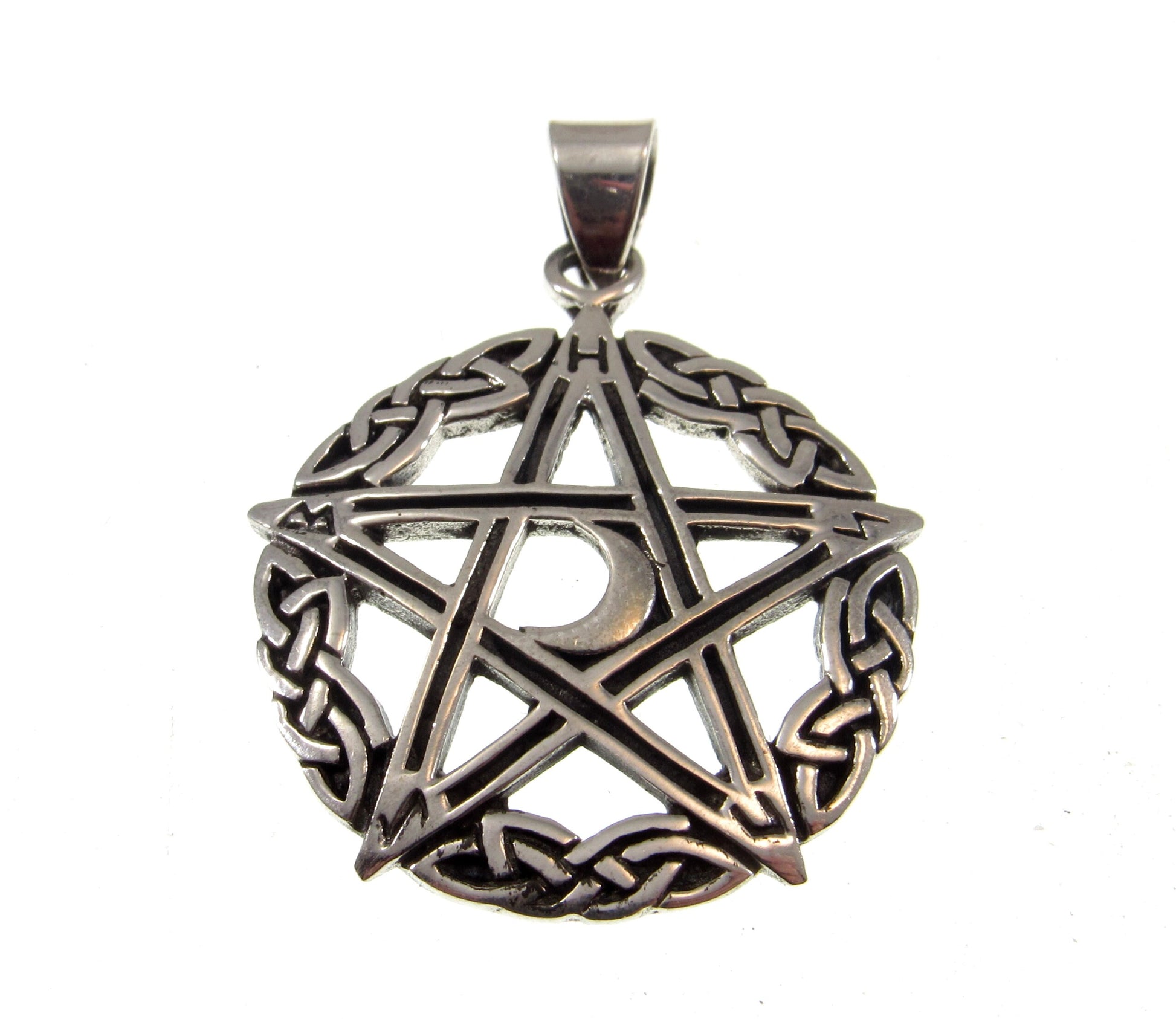 Solid 925 Sterling Silver Celtic Triple Moon Goddess Pentacle, Handcrafted Pentagram Pendant