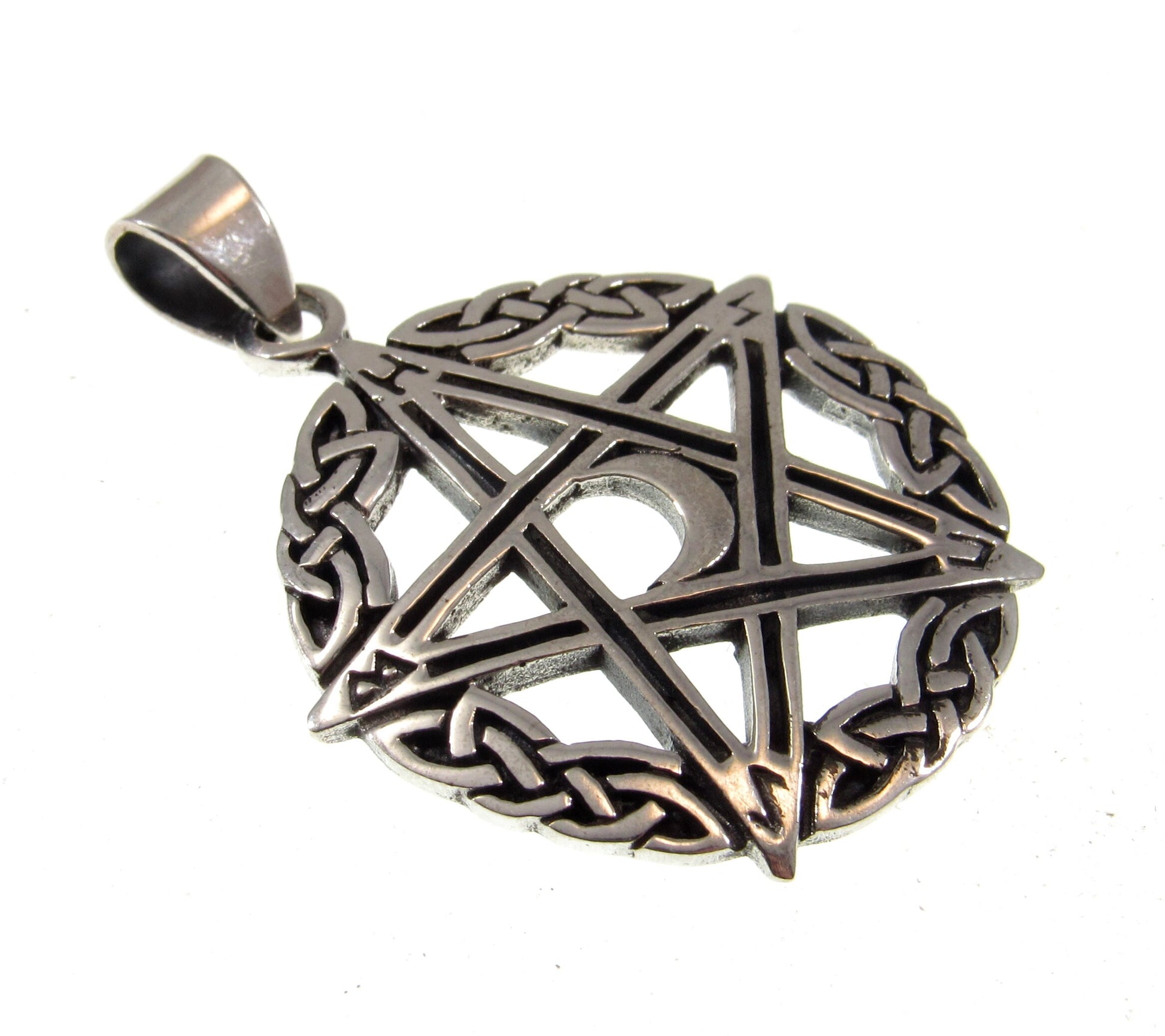 Solid 925 Sterling Silver Celtic Triple Moon Goddess Pentacle, Handcrafted Pentagram Pendant