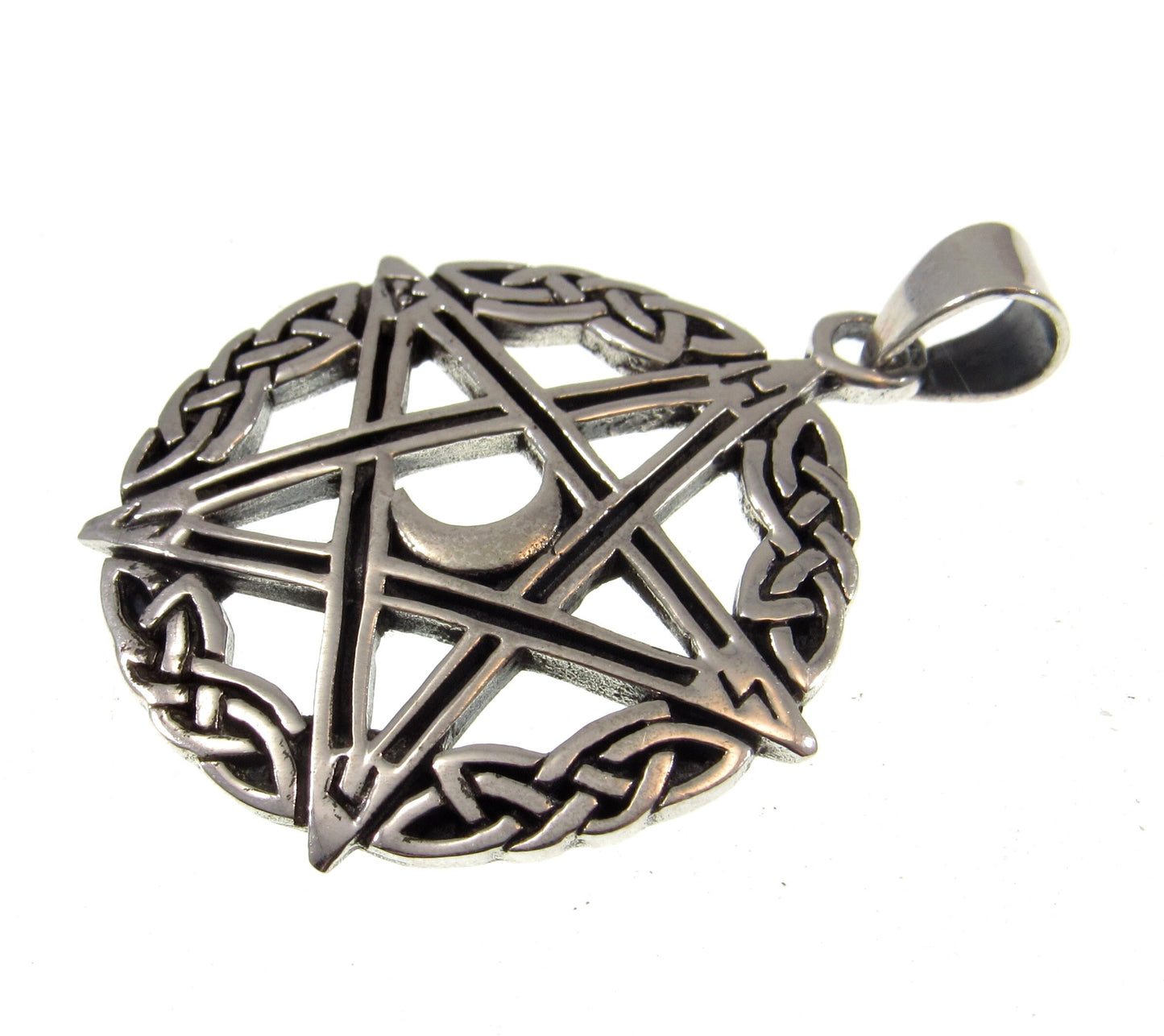 Solid 925 Sterling Silver Celtic Triple Moon Goddess Pentacle, Handcrafted Pentagram Pendant