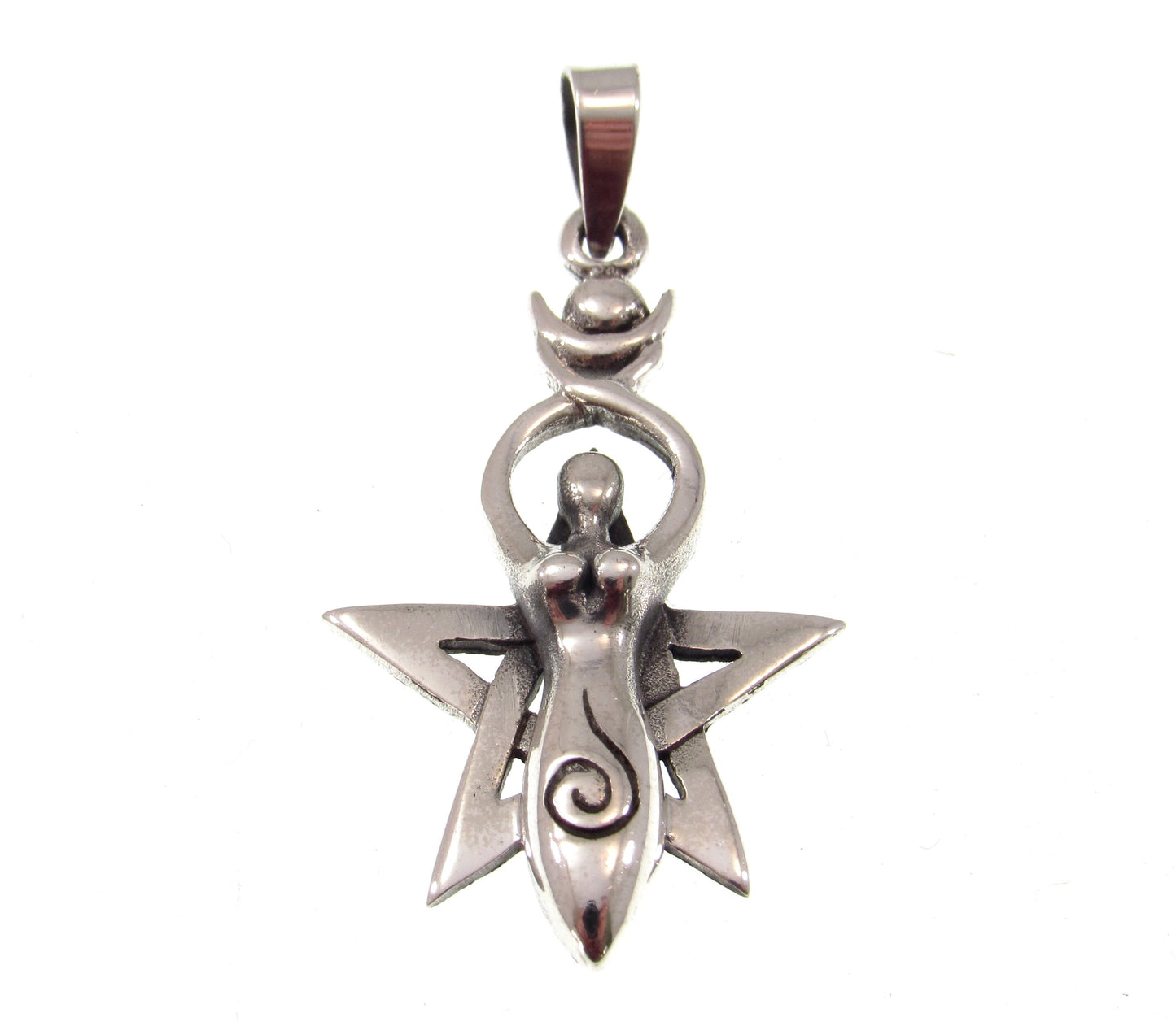 Solid 925 Sterling Silver Spiral Goddess Pentagram Pendant, Handcrafted Magickal Wiccan Feminist Symbol