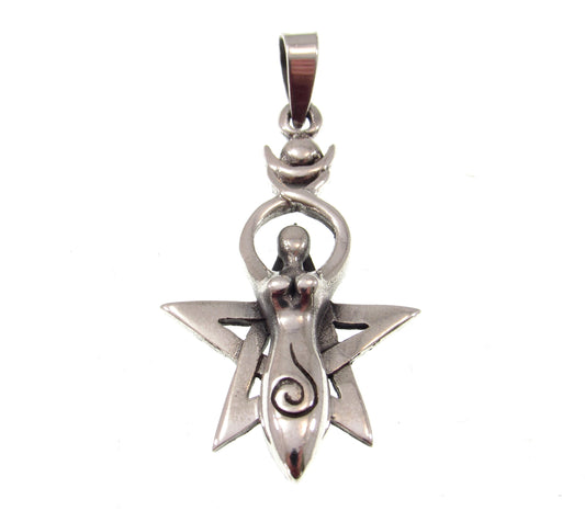 Solid 925 Sterling Silver Spiral Goddess Pentagram Pendant, Handcrafted Magickal Wiccan Feminist Symbol