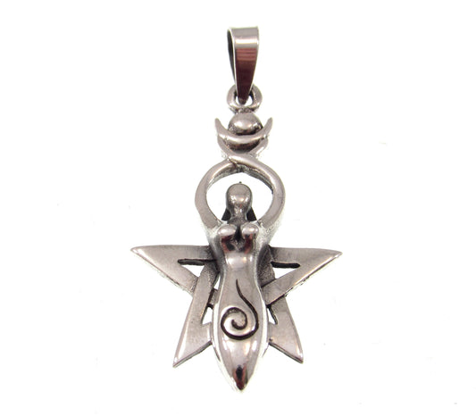 Solid 925 Sterling Silver Spiral Goddess Pentagram Pendant, Handcrafted Magickal Wiccan Feminist Symbol