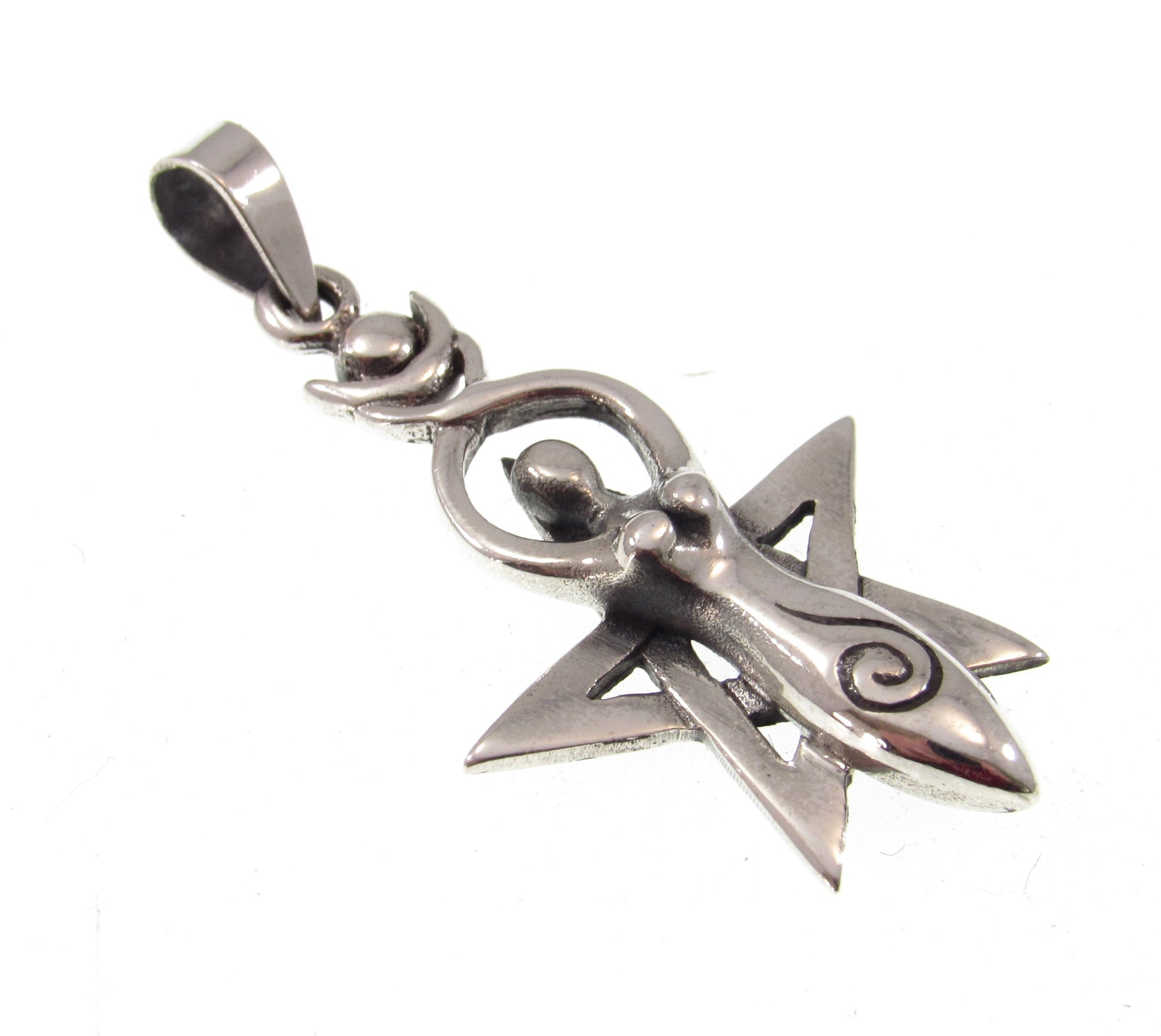 Solid 925 Sterling Silver Spiral Goddess Pentagram Pendant, Handcrafted Magickal Wiccan Feminist Symbol