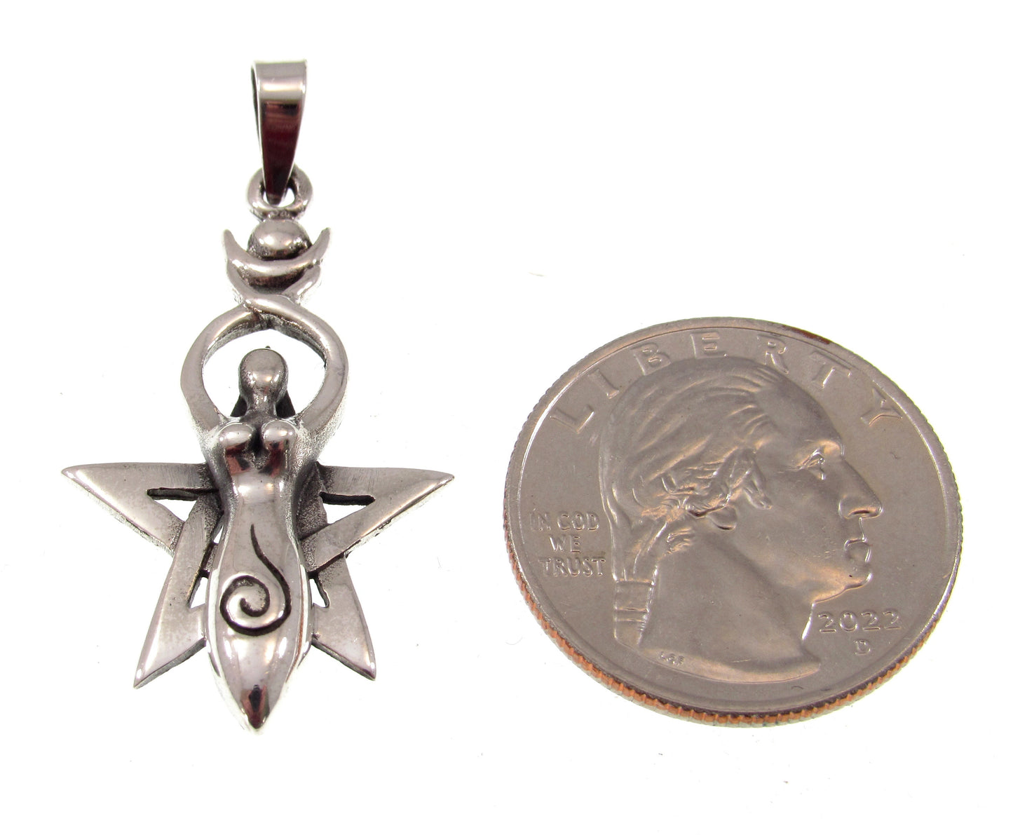 Solid 925 Sterling Silver Spiral Goddess Pentagram Pendant, Handcrafted Magickal Wiccan Feminist Symbol