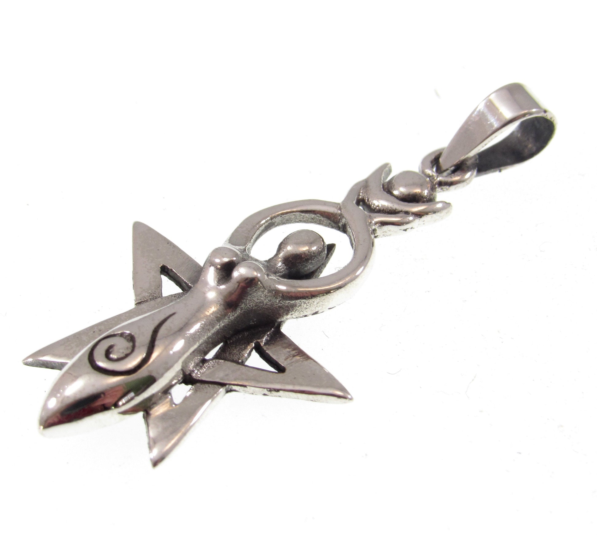 Solid 925 Sterling Silver Spiral Goddess Pentagram Pendant, Handcrafted Magickal Wiccan Feminist Symbol