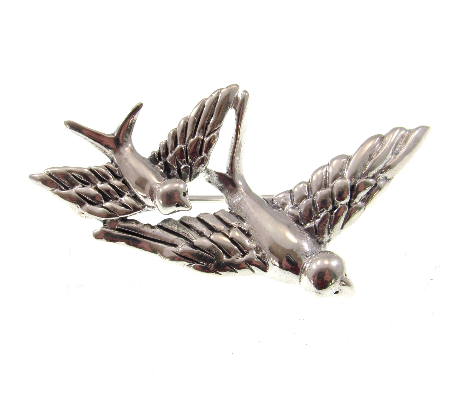 Solid 925 Sterling Silver Diving Birds Brooch, Flying Swallows Pin – Vintage Style Bird Brooch – Tattoo Style Jewelry, Rockabilly Jacket Pin