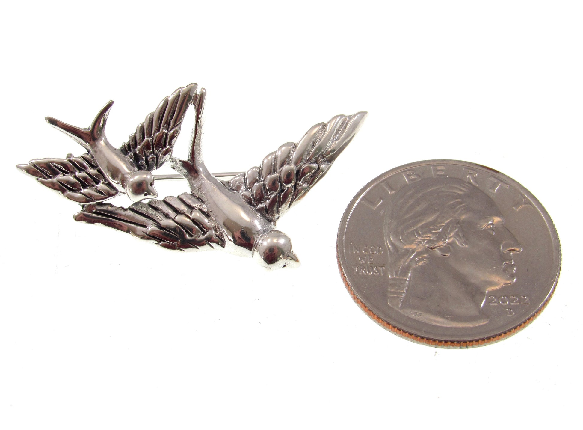 Solid 925 Sterling Silver Diving Birds Brooch, Flying Swallows Pin – Vintage Style Bird Brooch – Tattoo Style Jewelry, Rockabilly Jacket Pin