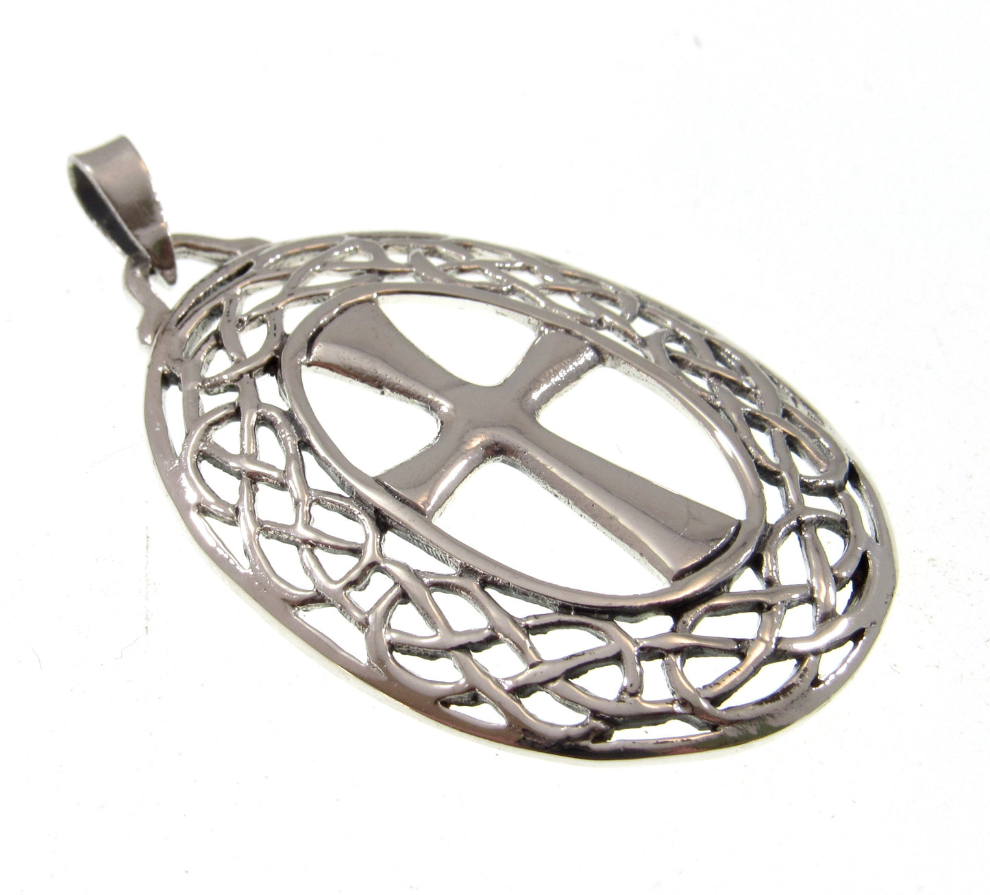 Solid 925 Sterling Silver Celtic Cross Necklace Pendant, Gaelic Jewelry Amulet, Oval Lattice Knotwork, Christian Faith Jewelry, Medievalcore