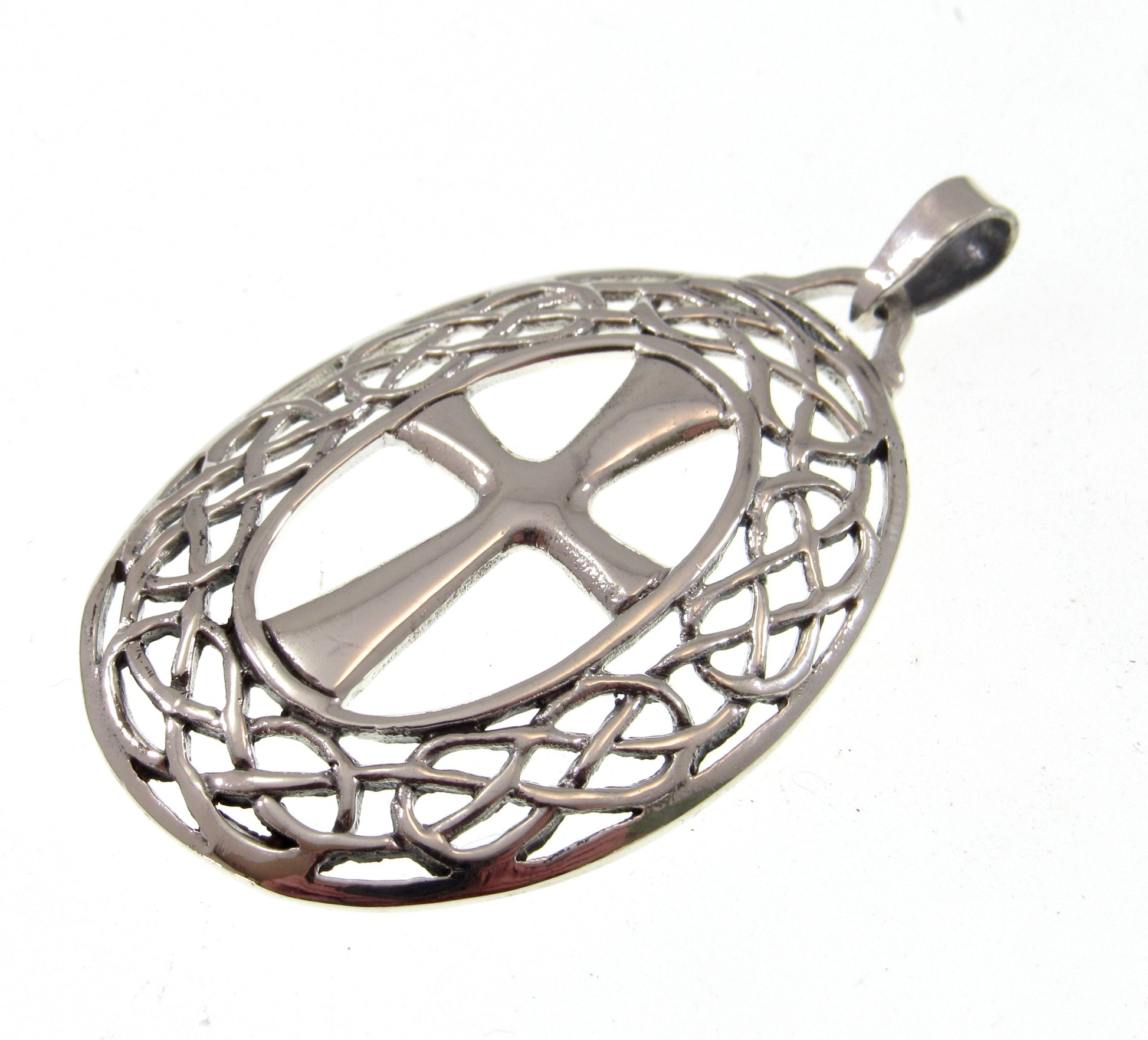 Solid 925 Sterling Silver Celtic Cross Necklace Pendant, Gaelic Jewelry Amulet, Oval Lattice Knotwork, Christian Faith Jewelry, Medievalcore