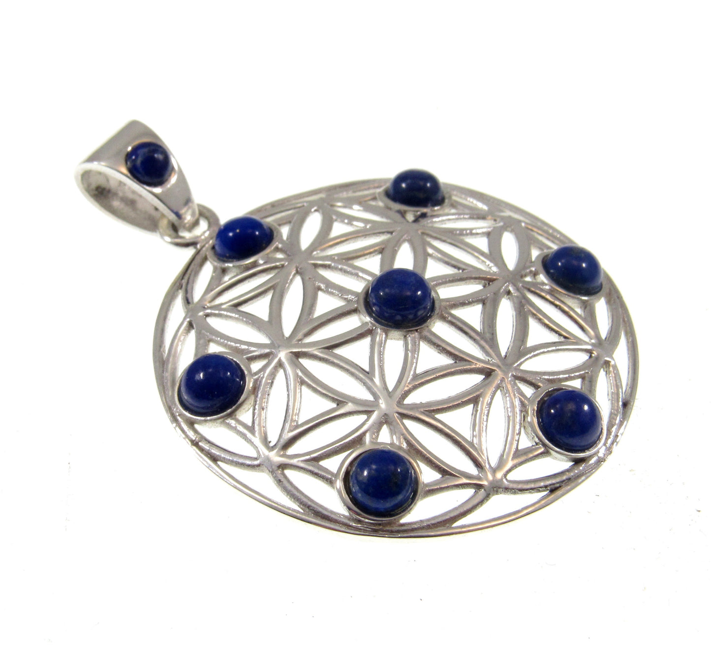 Solid 925 Sterling Silver Flower of Life Pendant w/ Lapis Lazuli, Sacred Geometry Jewelry, Spiritual Amulet, Bohemian Healing Stone Necklace