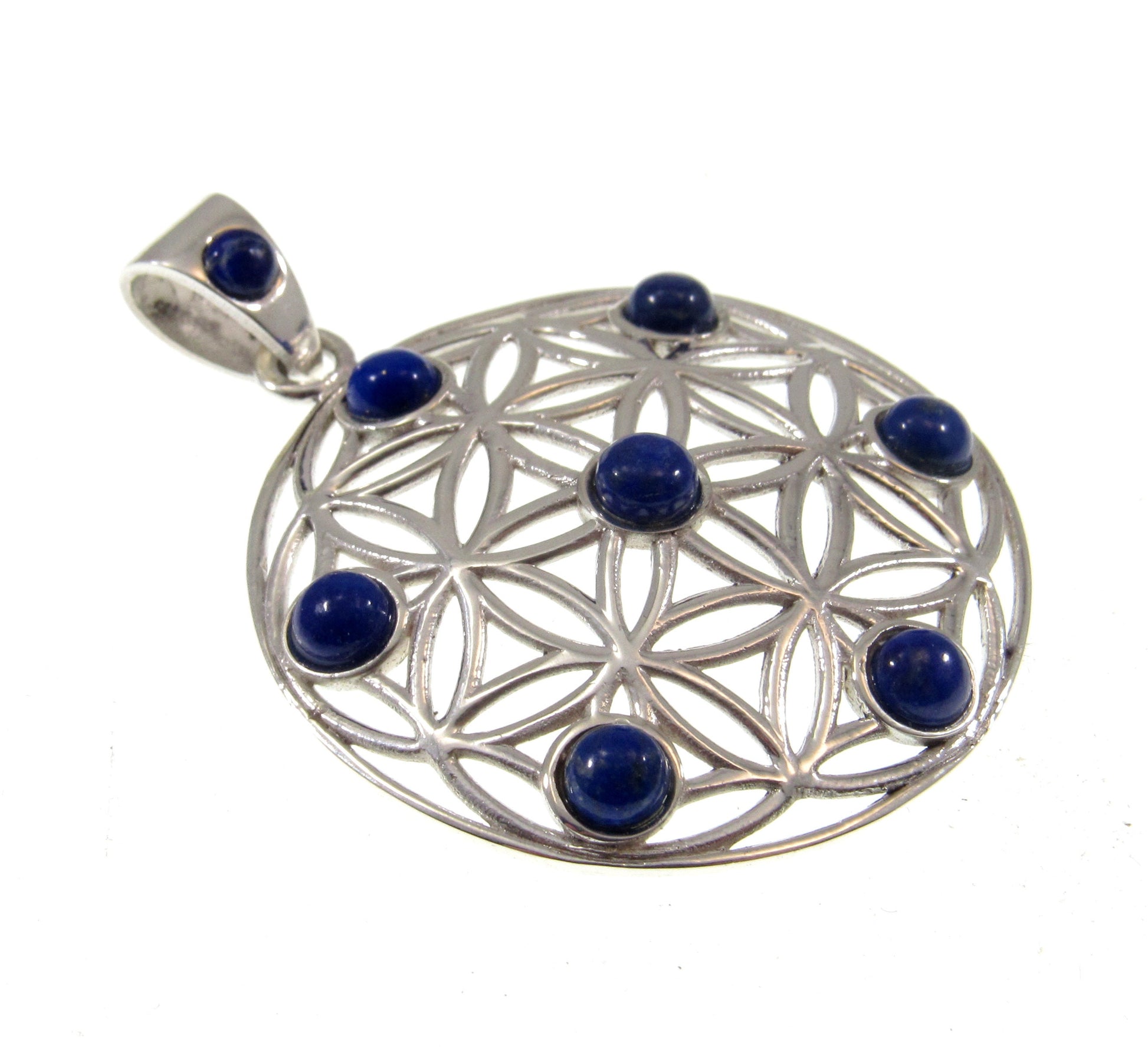 Solid 925 Sterling Silver Flower of Life Pendant w/ Lapis Lazuli, Sacred Geometry Jewelry, Spiritual Amulet, Bohemian Healing Stone Necklace