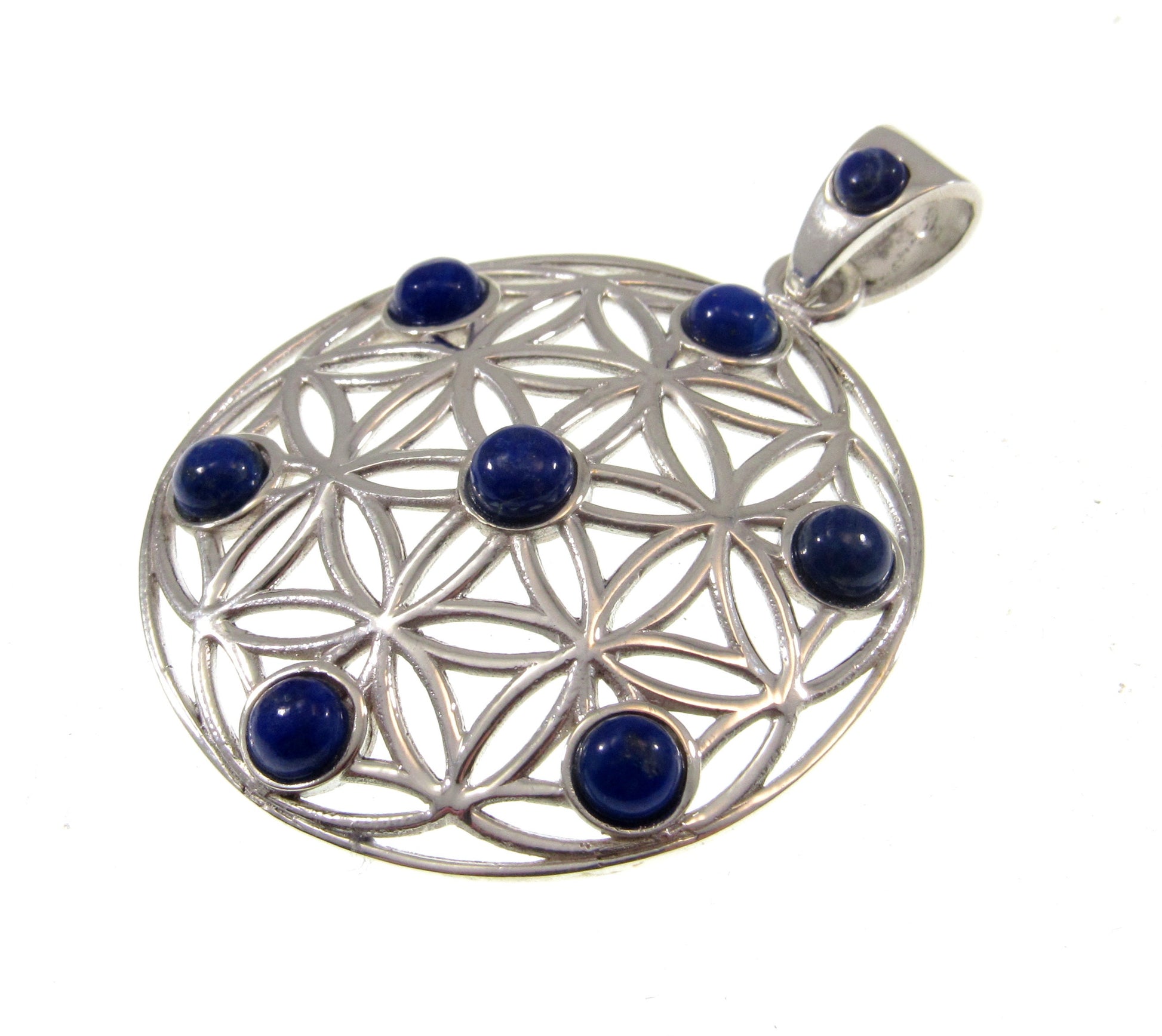 Solid 925 Sterling Silver Flower of Life Pendant w/ Lapis Lazuli, Sacred Geometry Jewelry, Spiritual Amulet, Bohemian Healing Stone Necklace