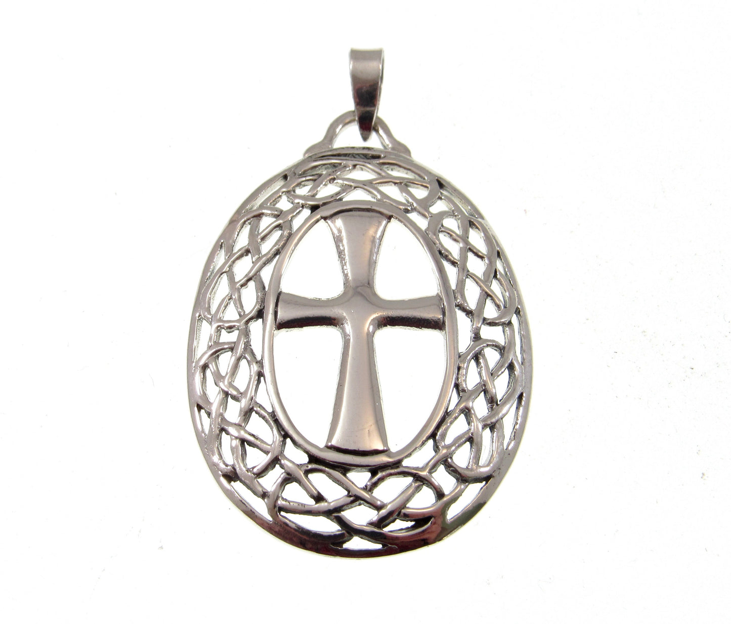 Solid 925 Sterling Silver Celtic Cross Necklace Pendant, Gaelic Jewelry Amulet, Oval Lattice Knotwork, Christian Faith Jewelry, Medievalcore