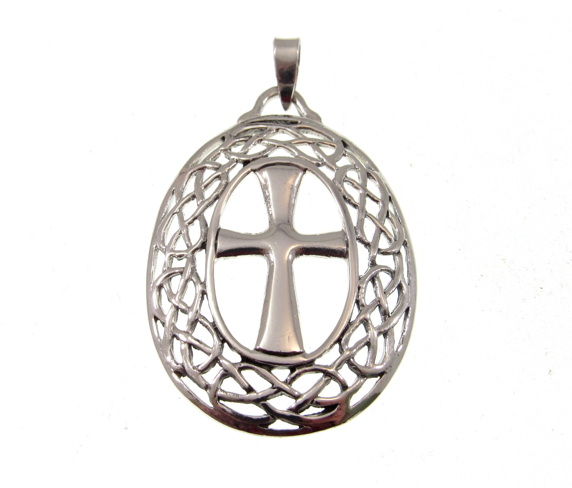 Solid 925 Sterling Silver Celtic Cross Necklace Pendant, Gaelic Jewelry Amulet, Oval Lattice Knotwork, Christian Faith Jewelry, Medievalcore
