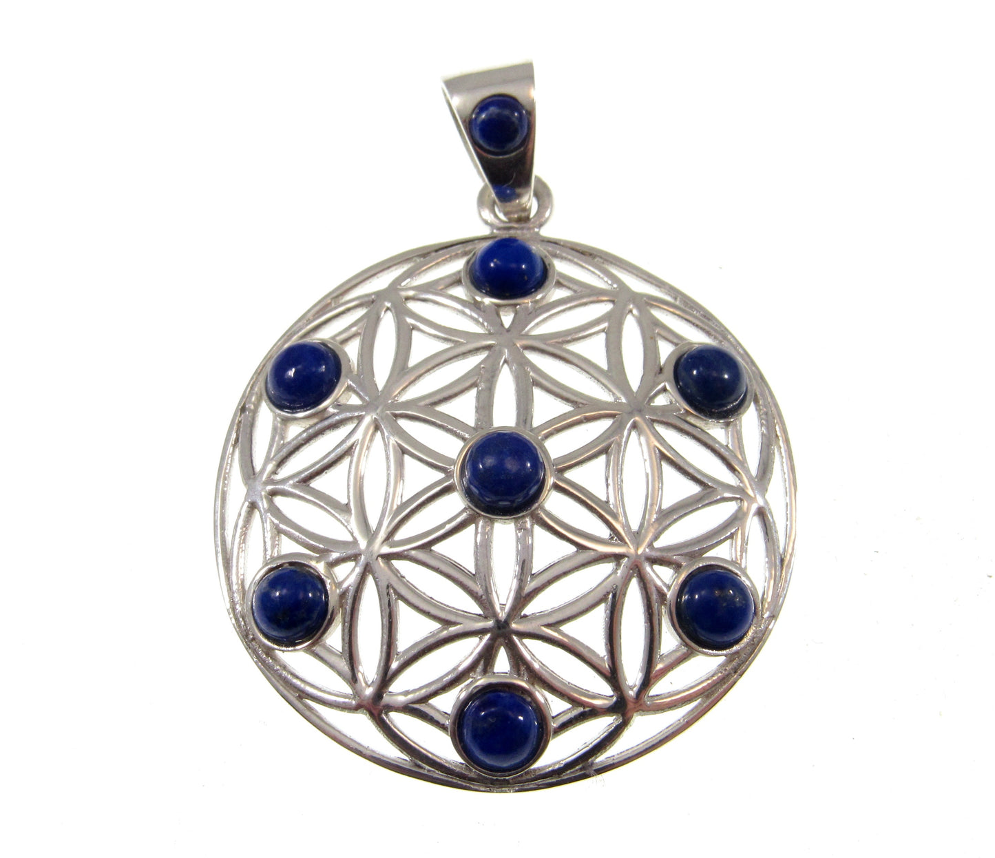 Solid 925 Sterling Silver Flower of Life Pendant w/ Lapis Lazuli, Sacred Geometry Jewelry, Spiritual Amulet, Bohemian Healing Stone Necklace