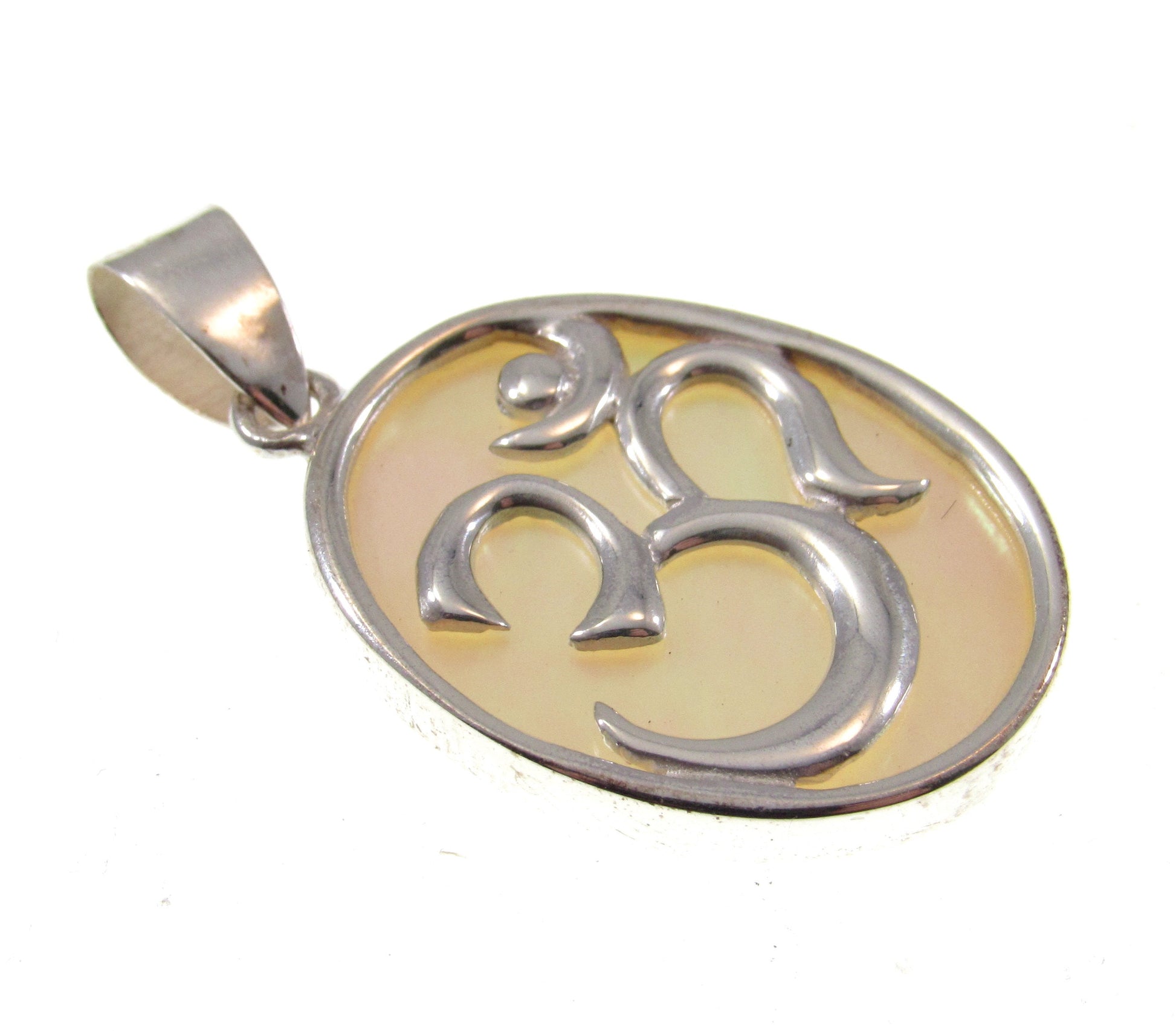 Solid 925 Sterling Silver Om Aum Pendant with Mother of Pearl or Abalone Shell, Handcrafted Healing/Protection Amulet