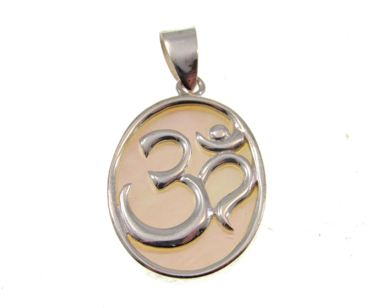 Solid 925 Sterling Silver Om Aum Pendant with Mother of Pearl or Abalone Shell, Handcrafted Healing/Protection Amulet