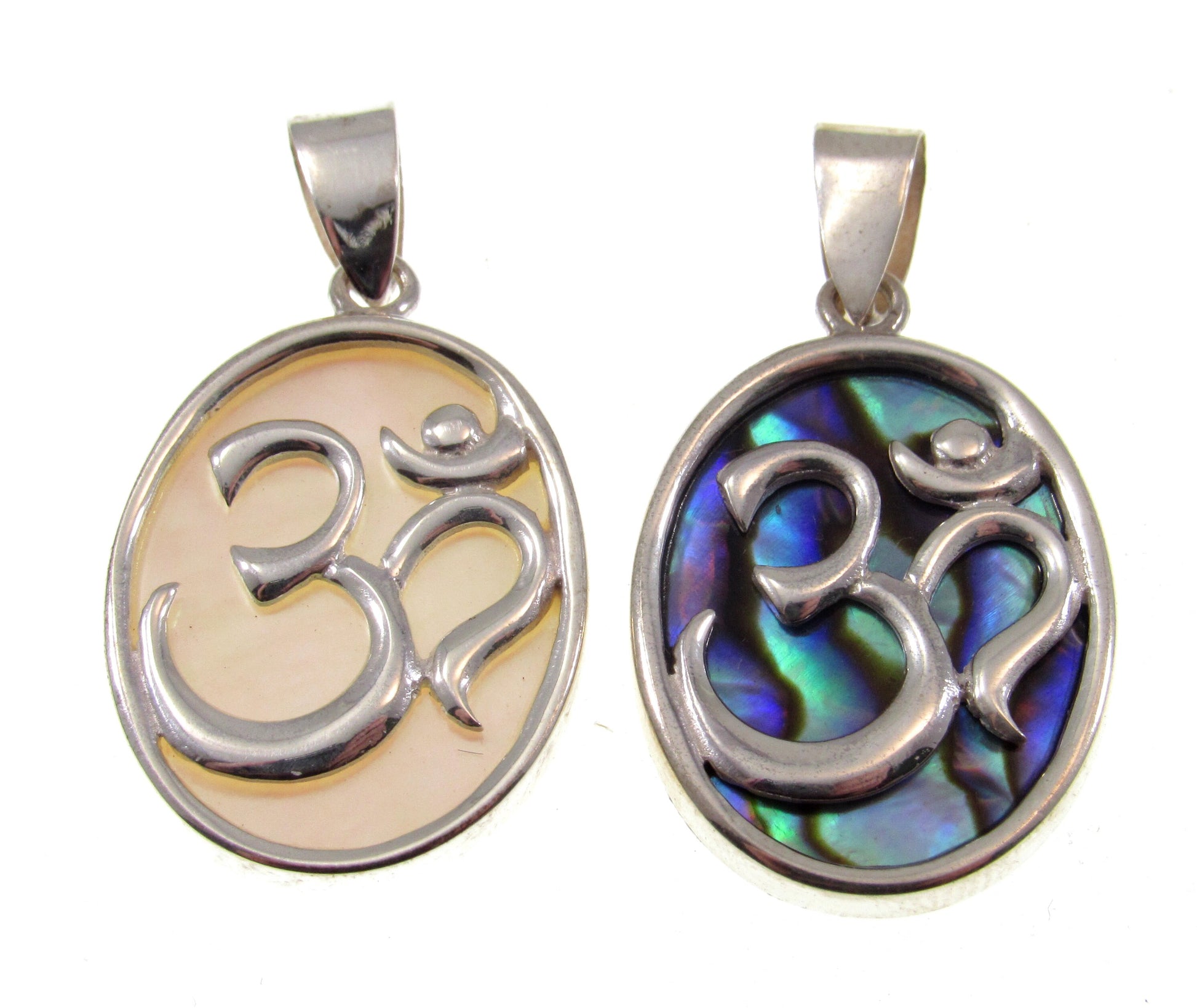 Solid 925 Sterling Silver Om Aum Pendant with Mother of Pearl or Abalone Shell, Handcrafted Healing/Protection Amulet