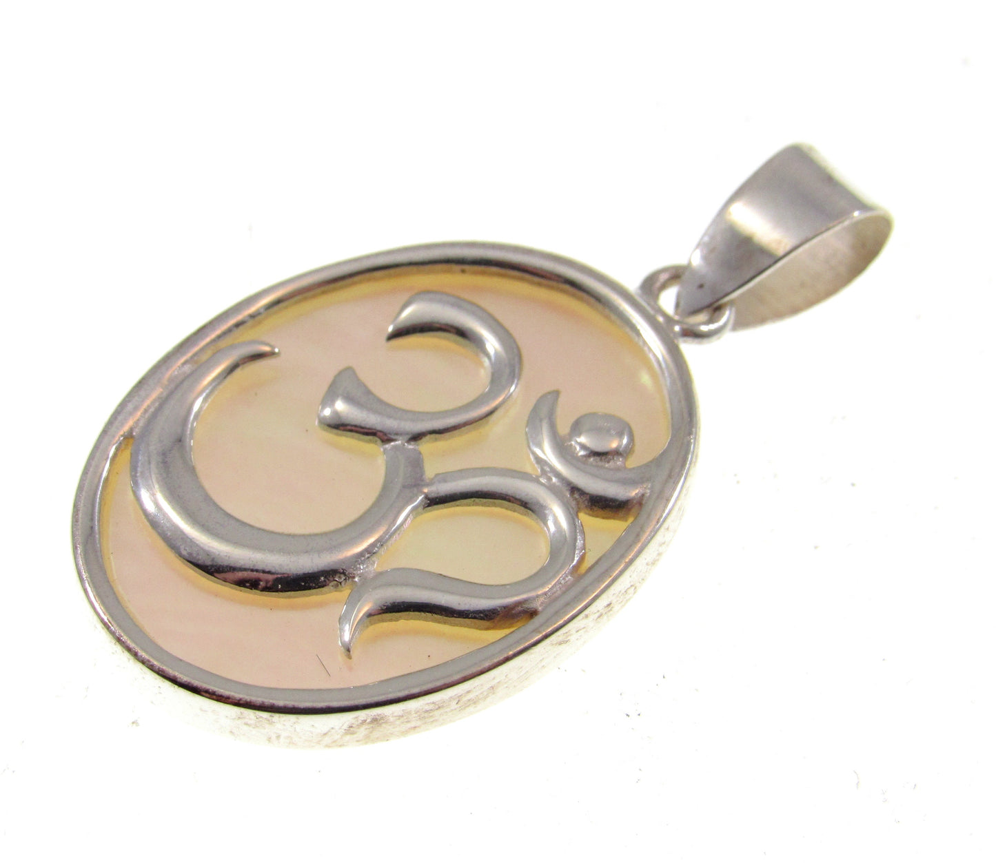 Solid 925 Sterling Silver Om Aum Pendant with Mother of Pearl or Abalone Shell, Handcrafted Healing/Protection Amulet