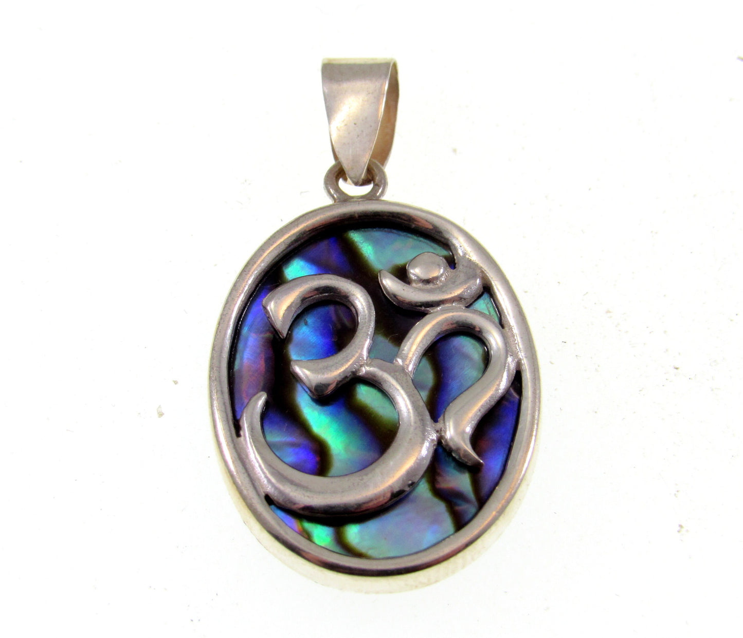 Solid 925 Sterling Silver Om Aum Pendant with Mother of Pearl or Abalone Shell, Handcrafted Healing/Protection Amulet