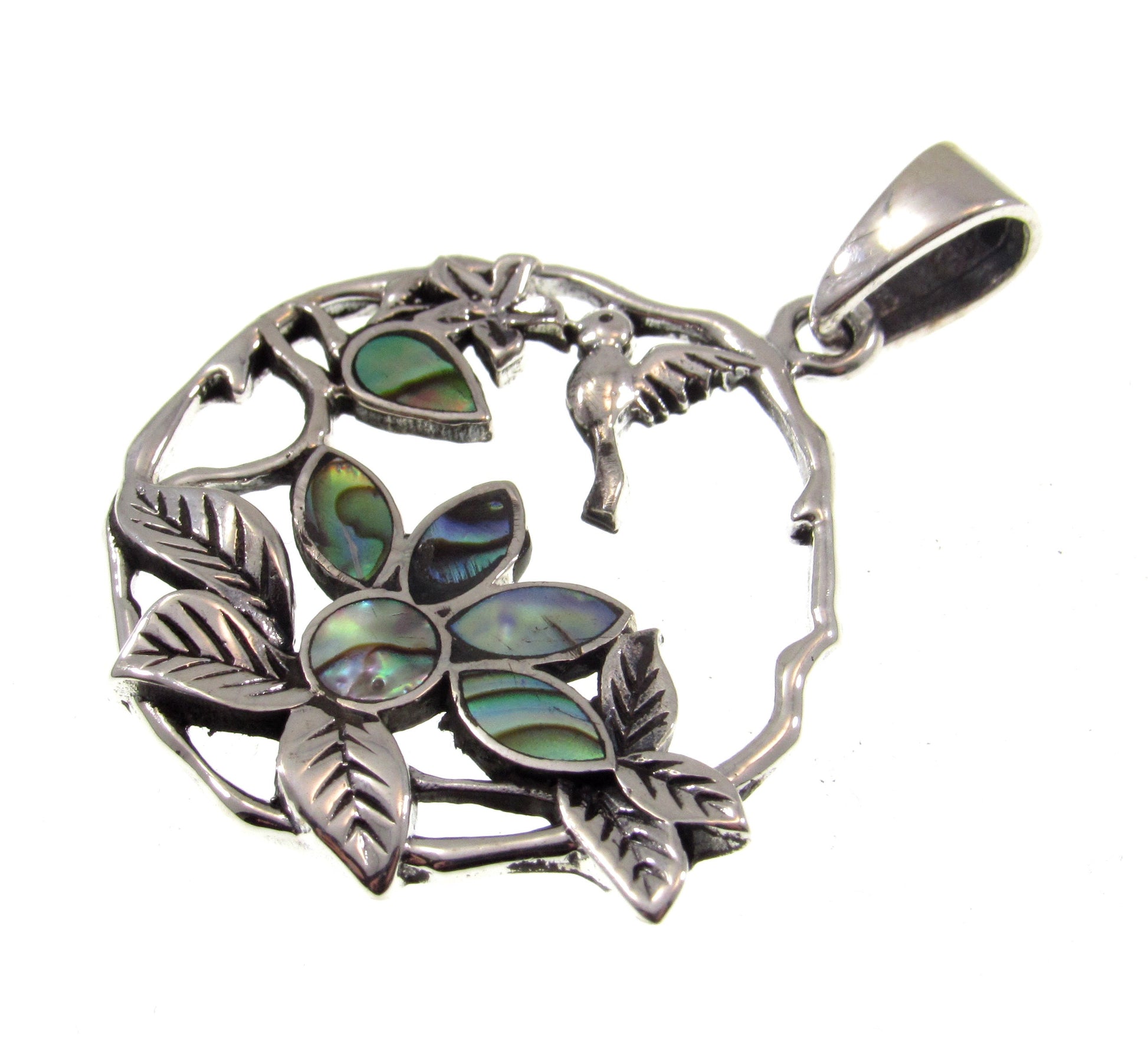 Solid 925 Sterling Silver Hummingbird and Flowers Pendant with Inlaid Pink or Rainbow Paua Shell