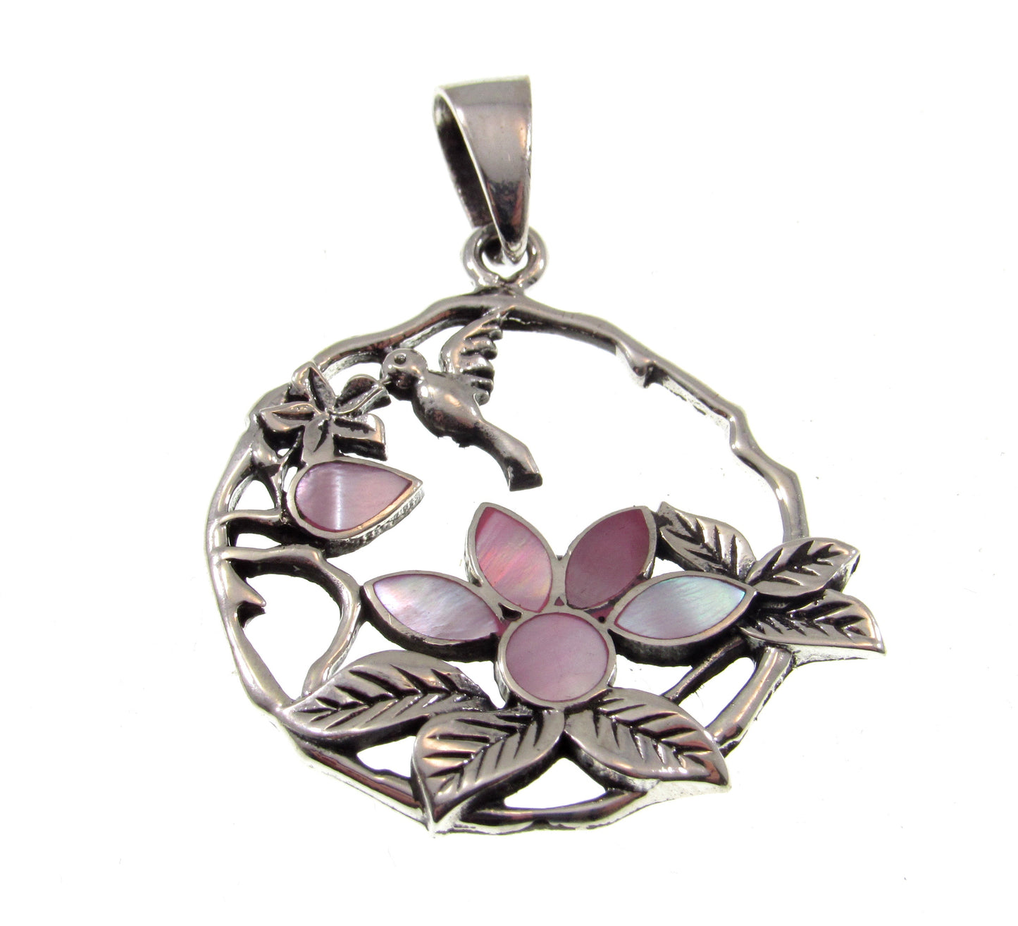Solid 925 Sterling Silver Hummingbird and Flowers Pendant with Inlaid Pink or Rainbow Paua Shell