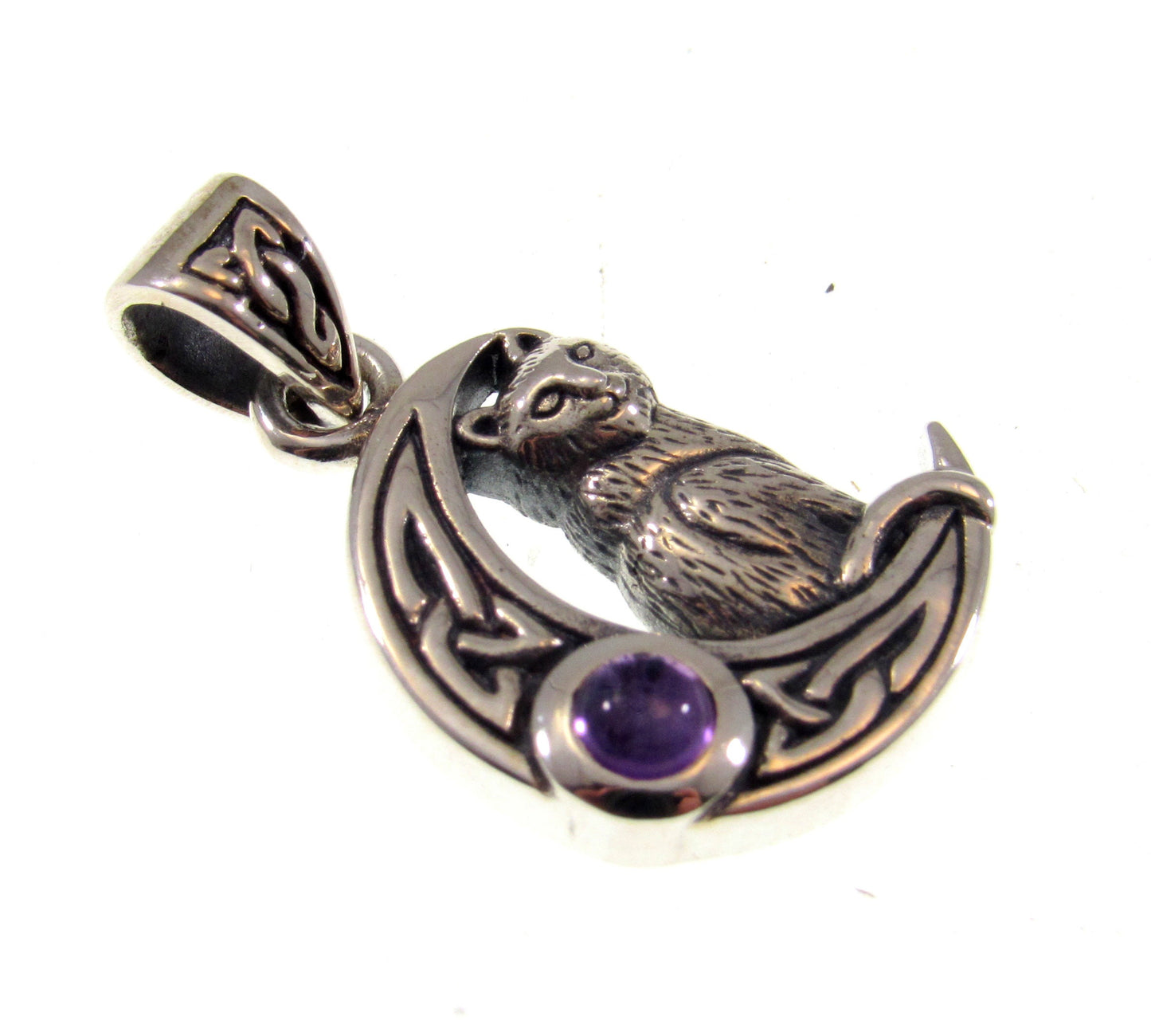 Solid 925 Sterling Silver Celtic Crescent Moon Cat Pendant With Amethyst or Rainbow Moonstone Gemstone