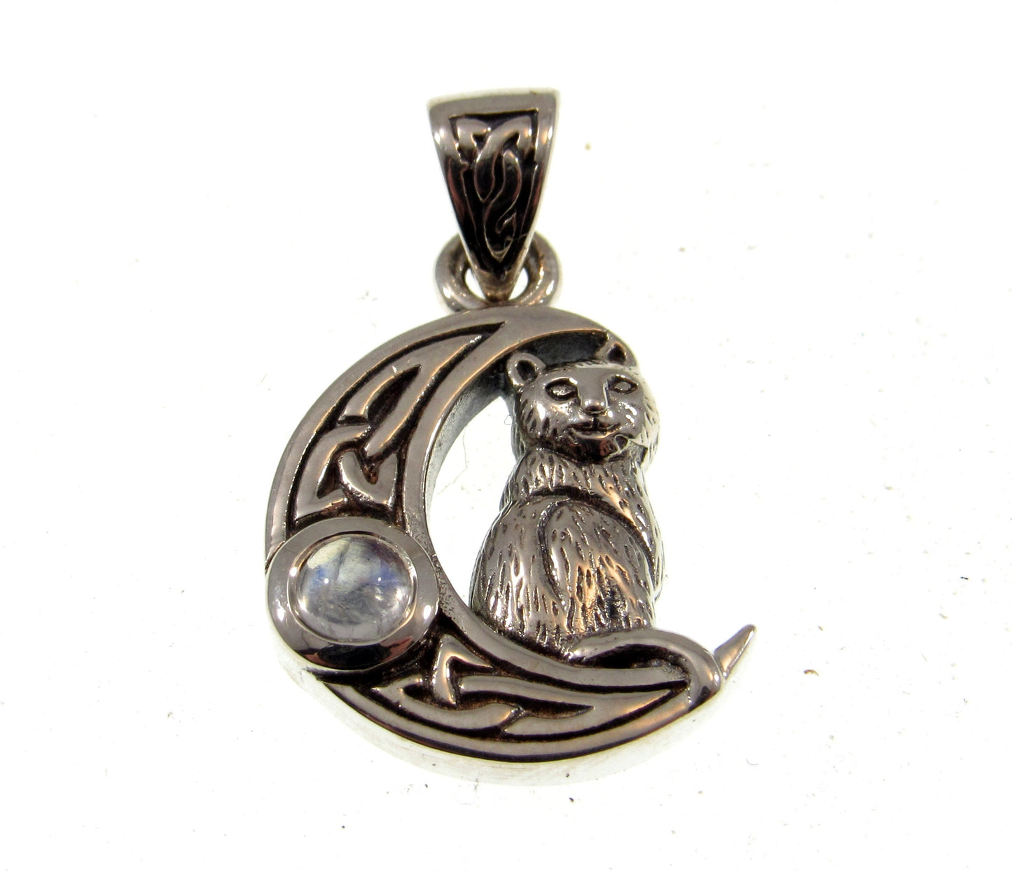 Solid 925 Sterling Silver Celtic Crescent Moon Cat Pendant With Amethyst or Rainbow Moonstone Gemstone